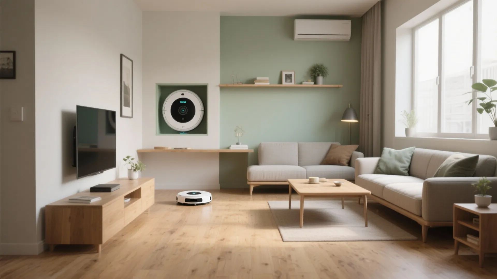 Modern living room with beige sofa wooden coffee table green wall panel and a floor robot