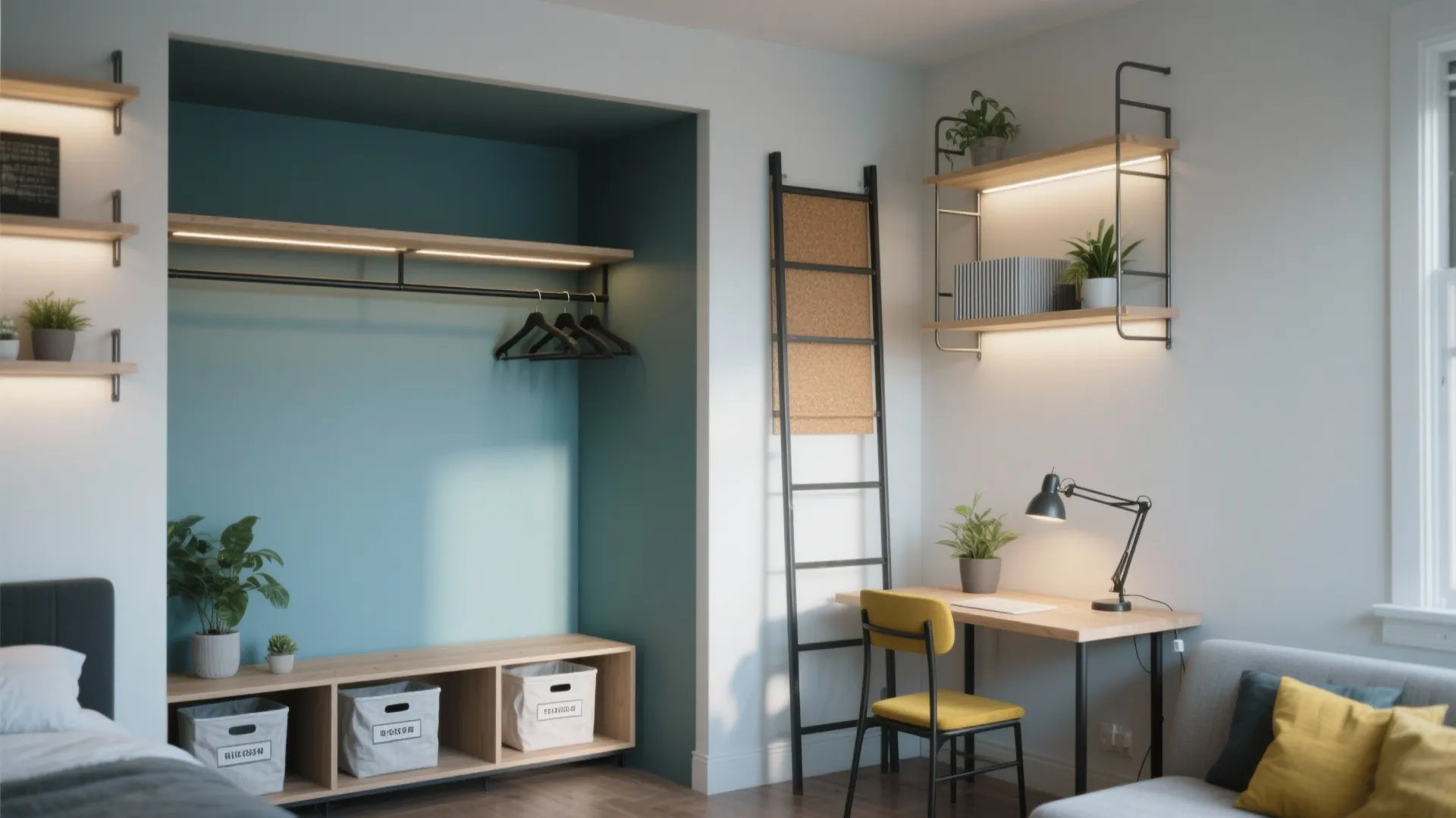 Modern studio room with built in blue closet wooden desk yellow chair and wall mounted shelves