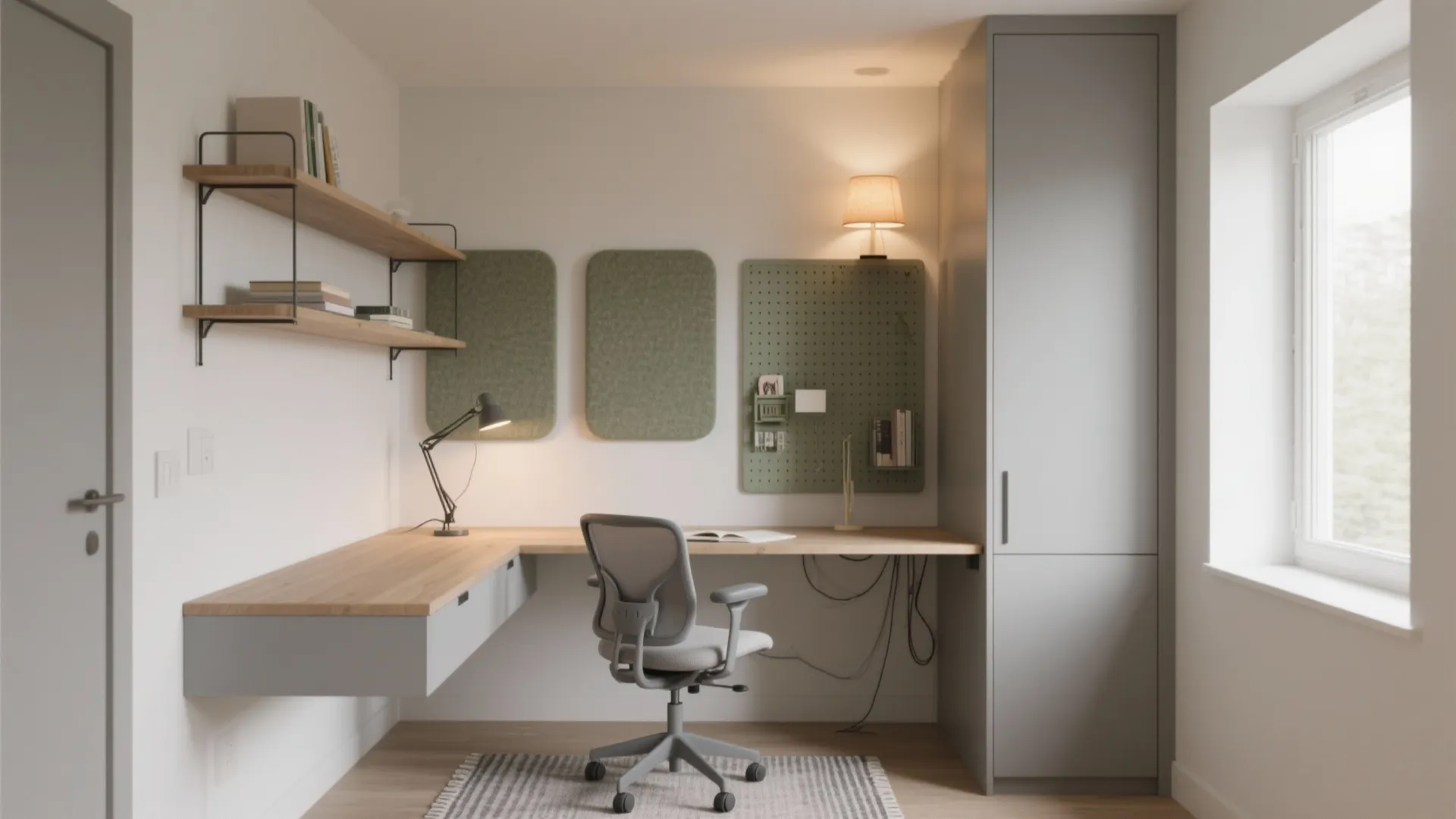 Small home office with wooden corner desk grey chair wall shelves and tall grey cabinet