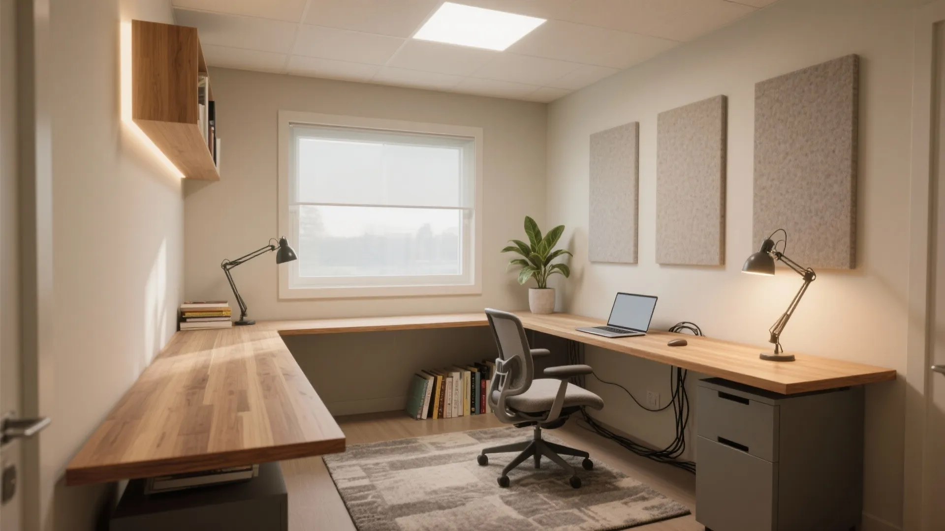 Modern home office with wooden desk grey chair laptop desk lamp green plant and wall panels