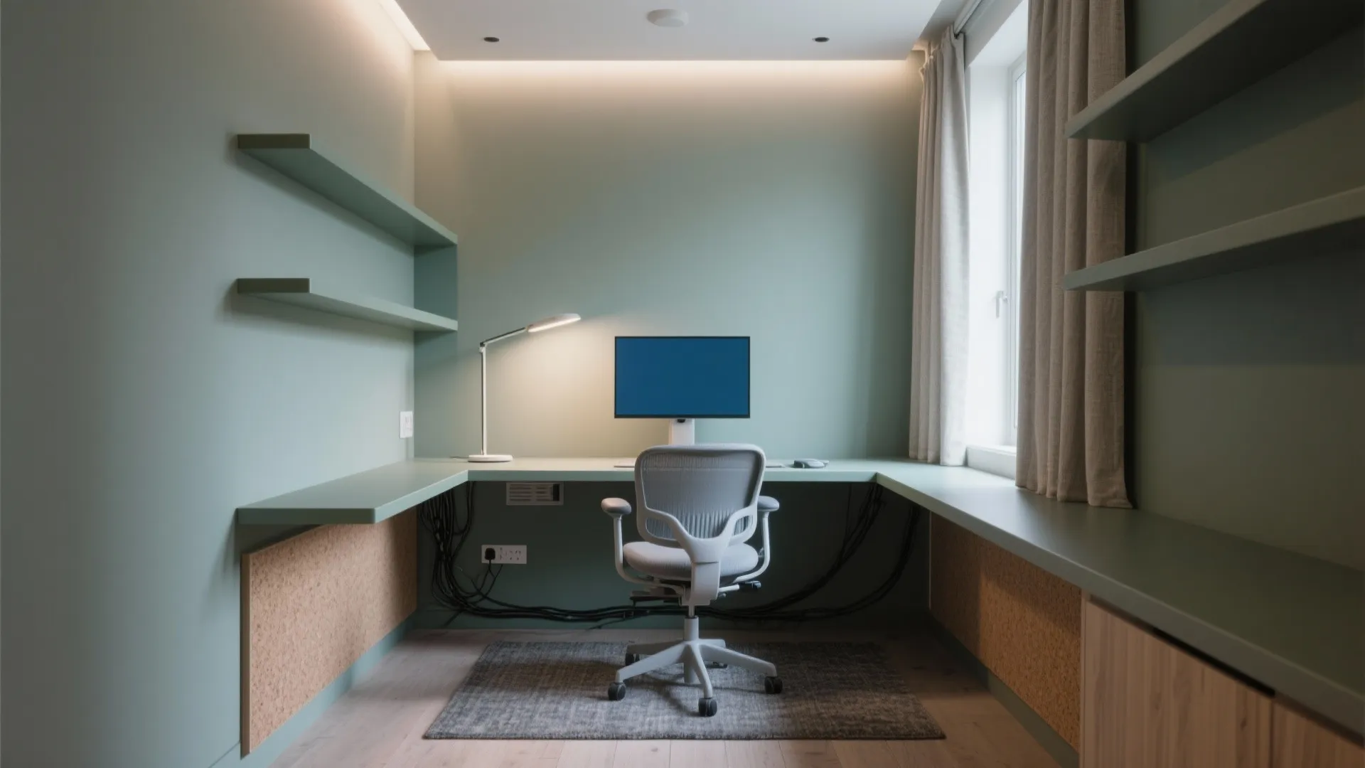 Modern home office with green walls, white desk, grey chair, computer, shelves, and window light