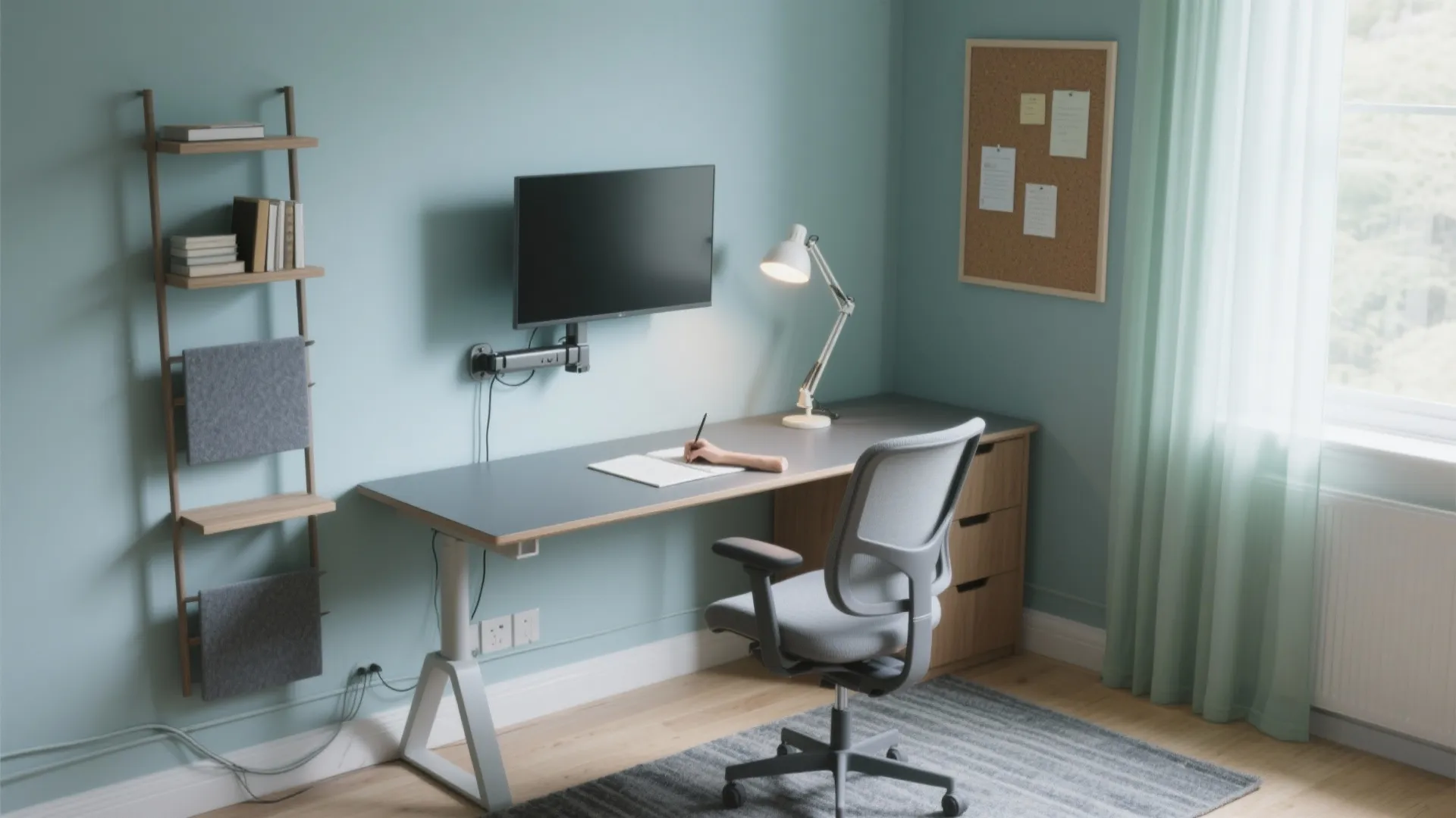 Modern home office with grey desk wall mounted monitor white desk lamp and ergonomic chair