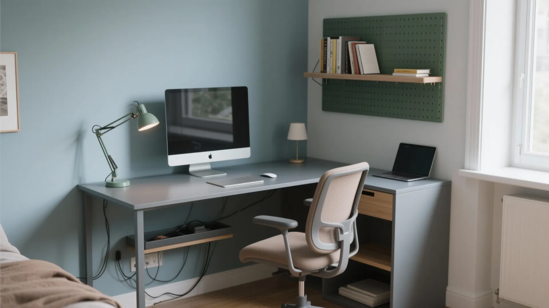 Modern blue study room corner with desk computer chair desk lamp shelf and natural window light