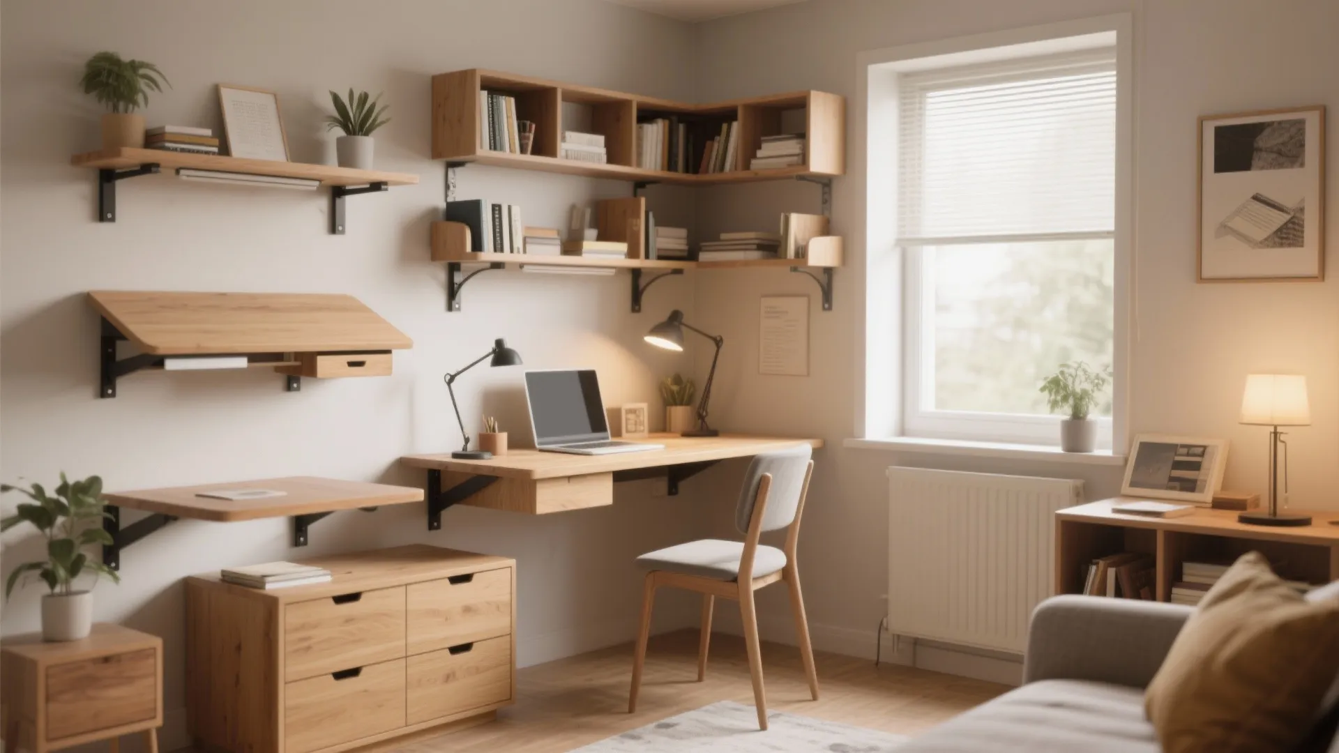 Compact study room with wall mounted wood shelves above a desk and a grey office chair