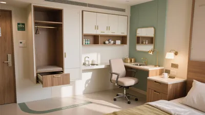 Modern Hospital Room Design with Smart Storage & Calm Ambiance
