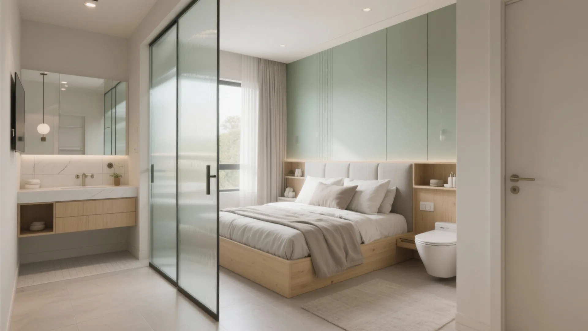 Modern studio apartment with glass sliding door separating the bedroom area from the bathroom sink