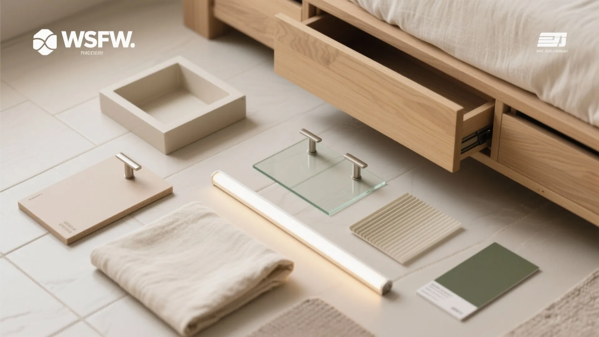 Collection of interior design materials including wood floor samples glass and light fixture on floor