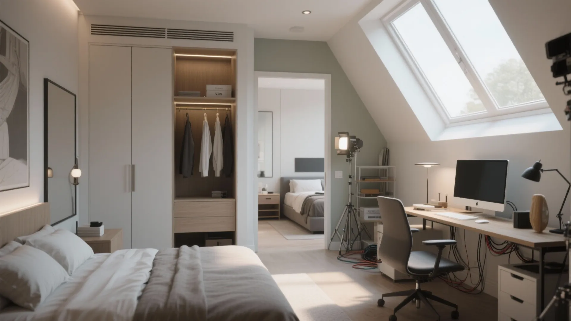 Primary bedroom suite beside a flexible studio used as an office with skylight and balanced light