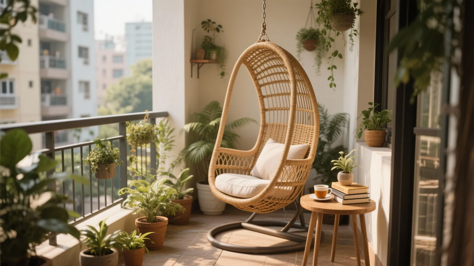 Wicker swing chair with white cushion near small wooden table on a balcony with plants