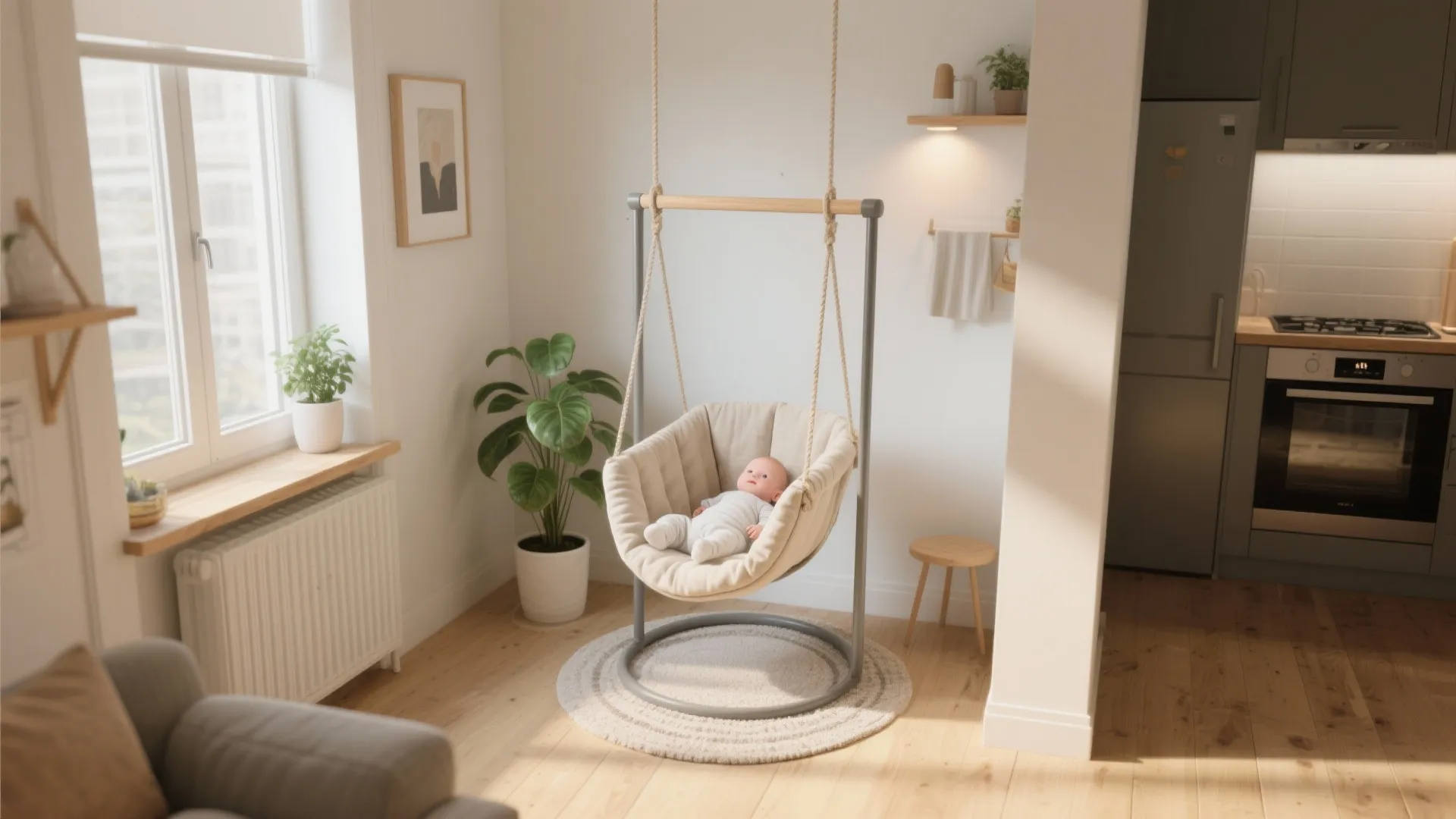 Baby lying in a hanging swing chair inside a bright apartment with wooden floor kitchen