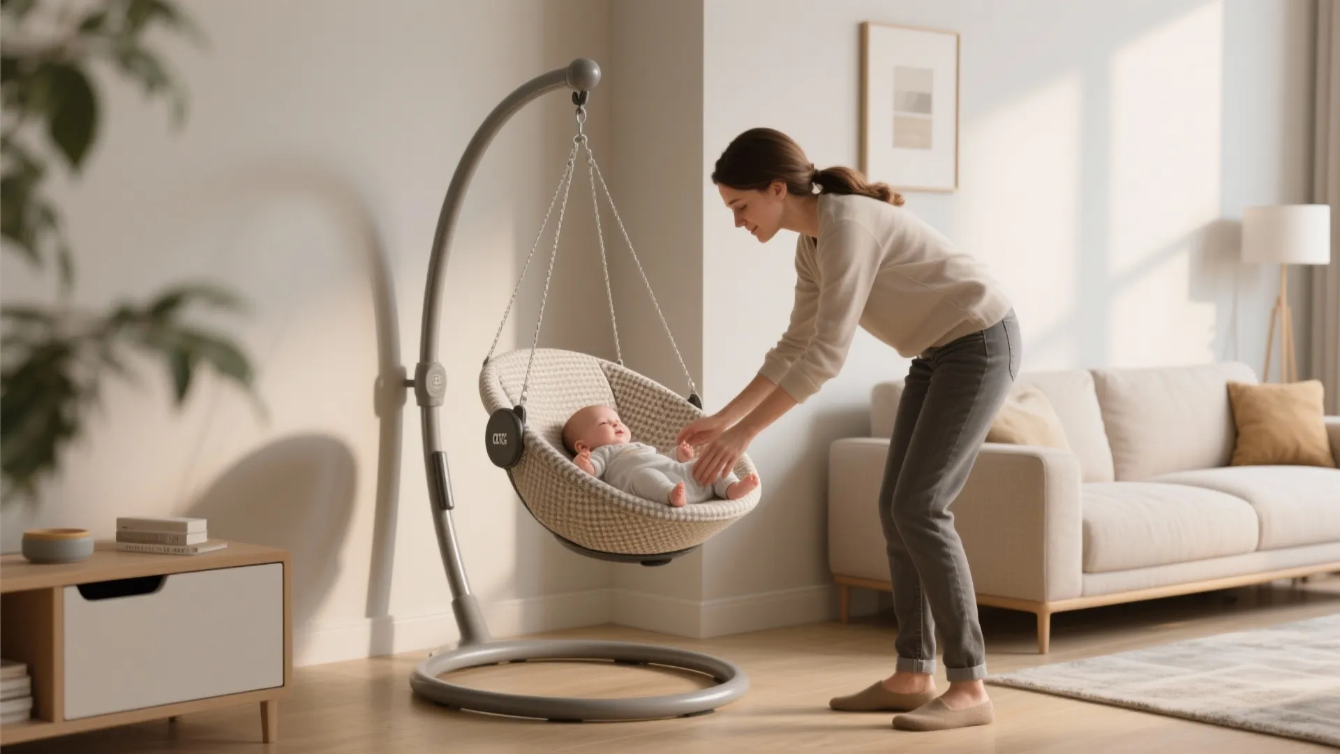 Woman standing near a baby resting in a hanging grey swing chair inside a modern room