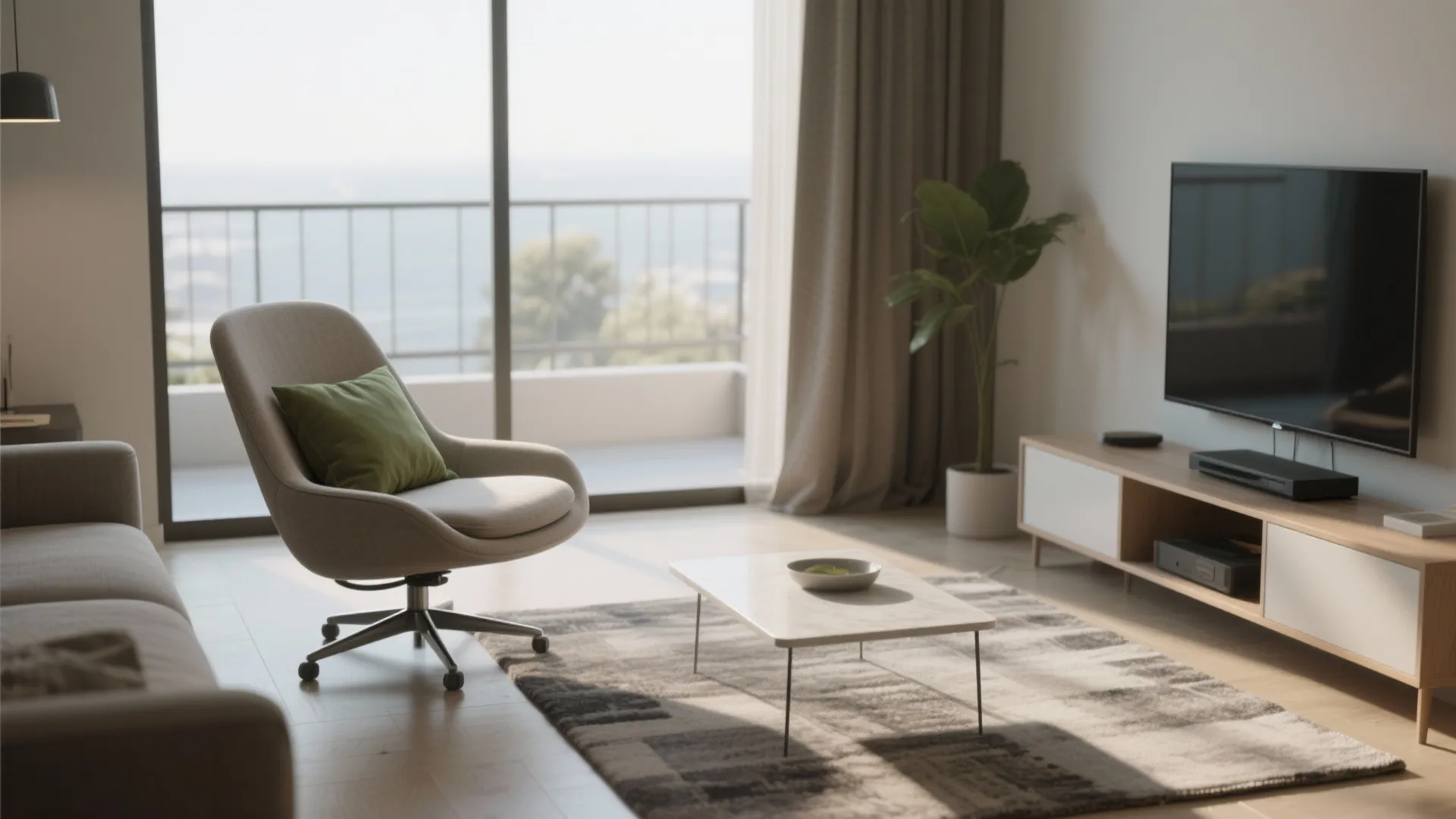 Compact swivel chair in a small living room rotated between TV and balcony to show multi-directional use