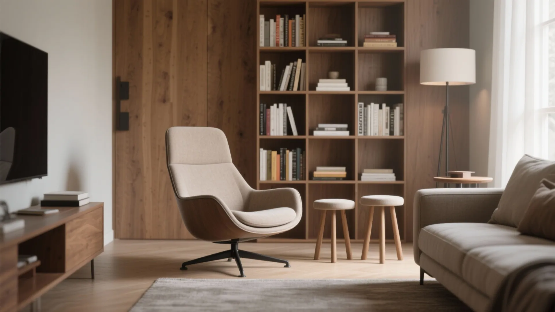 Sleek swivel chair, stackable stools, and a slim pull-up perch arranged in a compact living room.