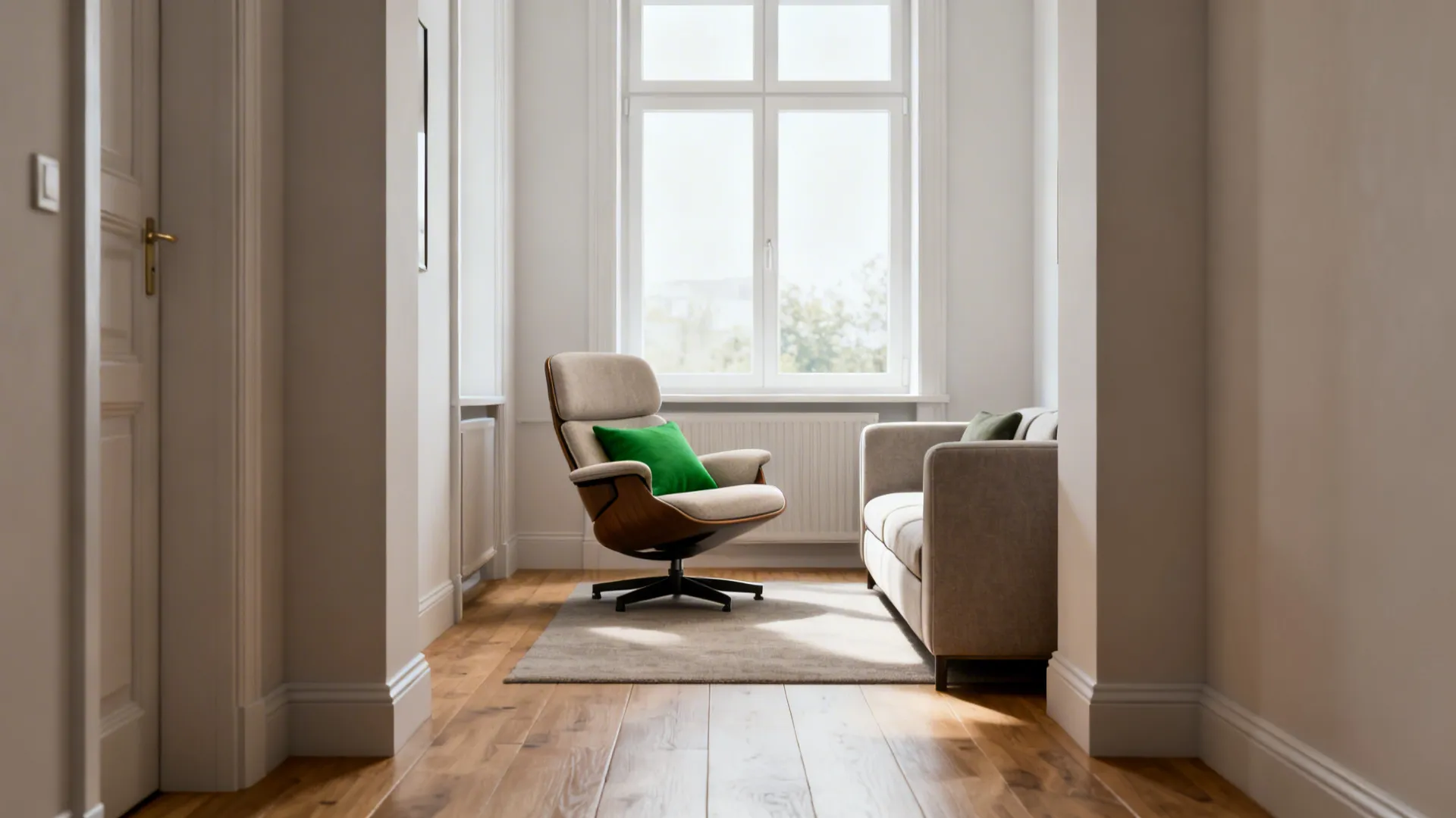 Narrow living room with a compact swivel chair positioned to face window or sofa, showing flexible orientation.