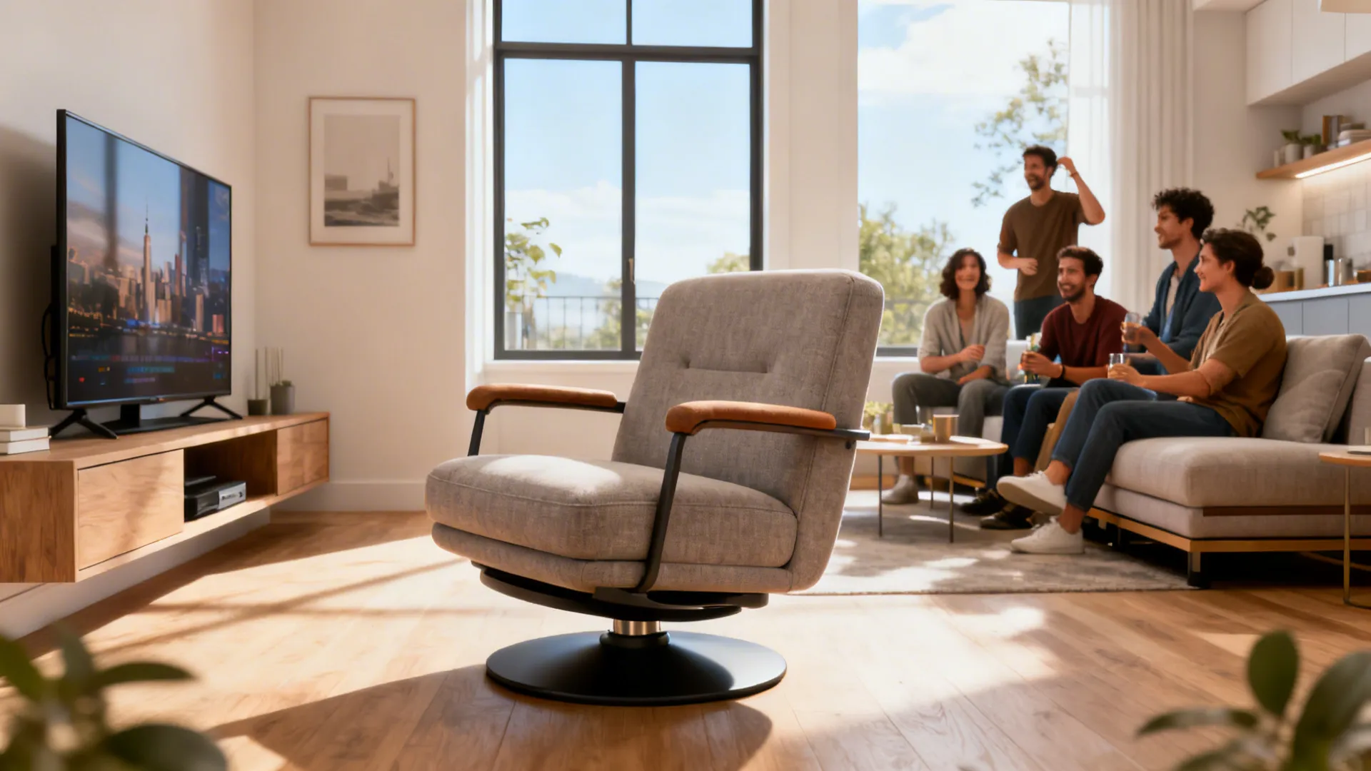 Compact swivel armchair oriented toward TV and window in a small open-plan living room