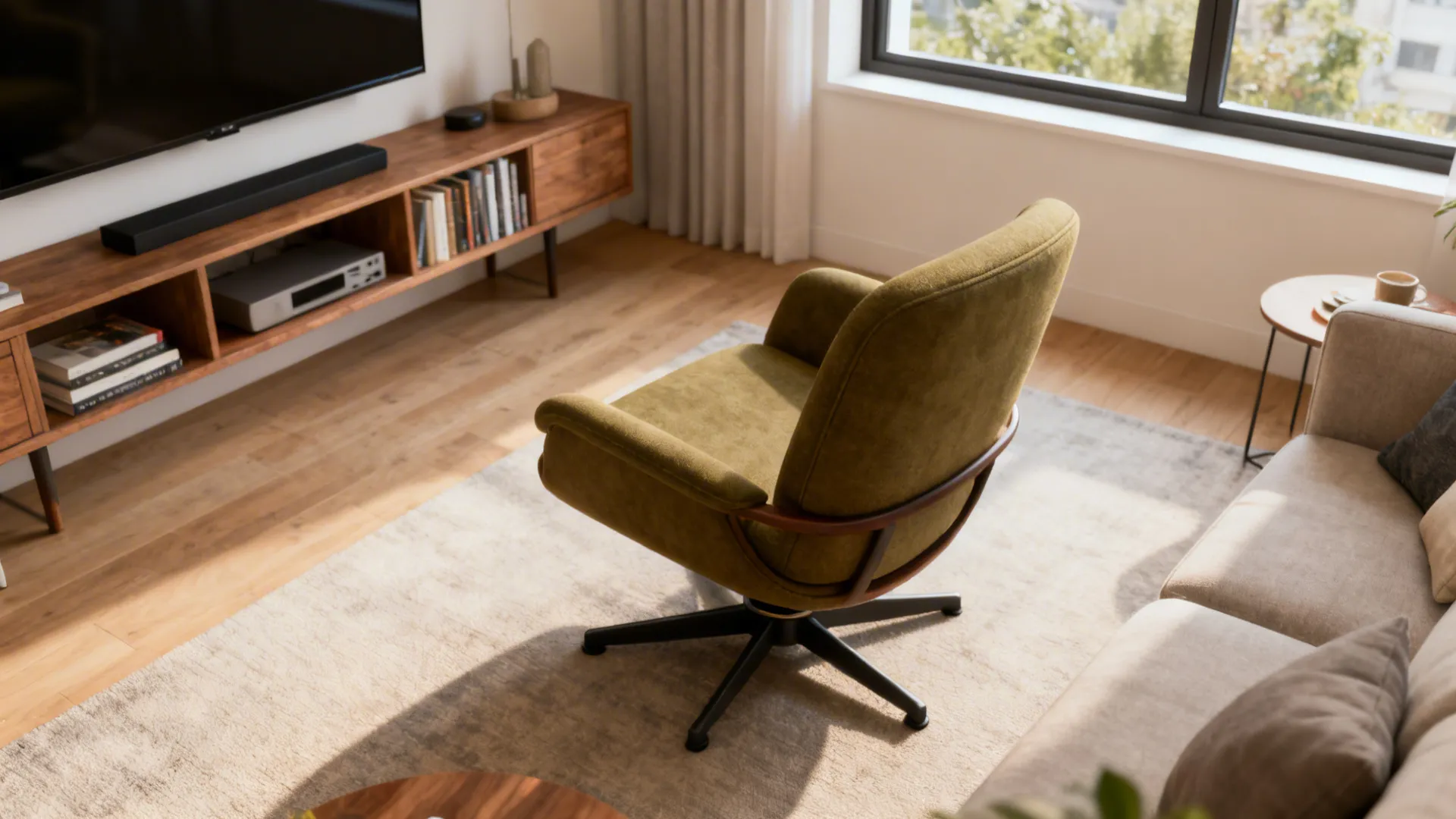 Green swivel chair in modern living room with wooden cabinet, grey rug, and bright window