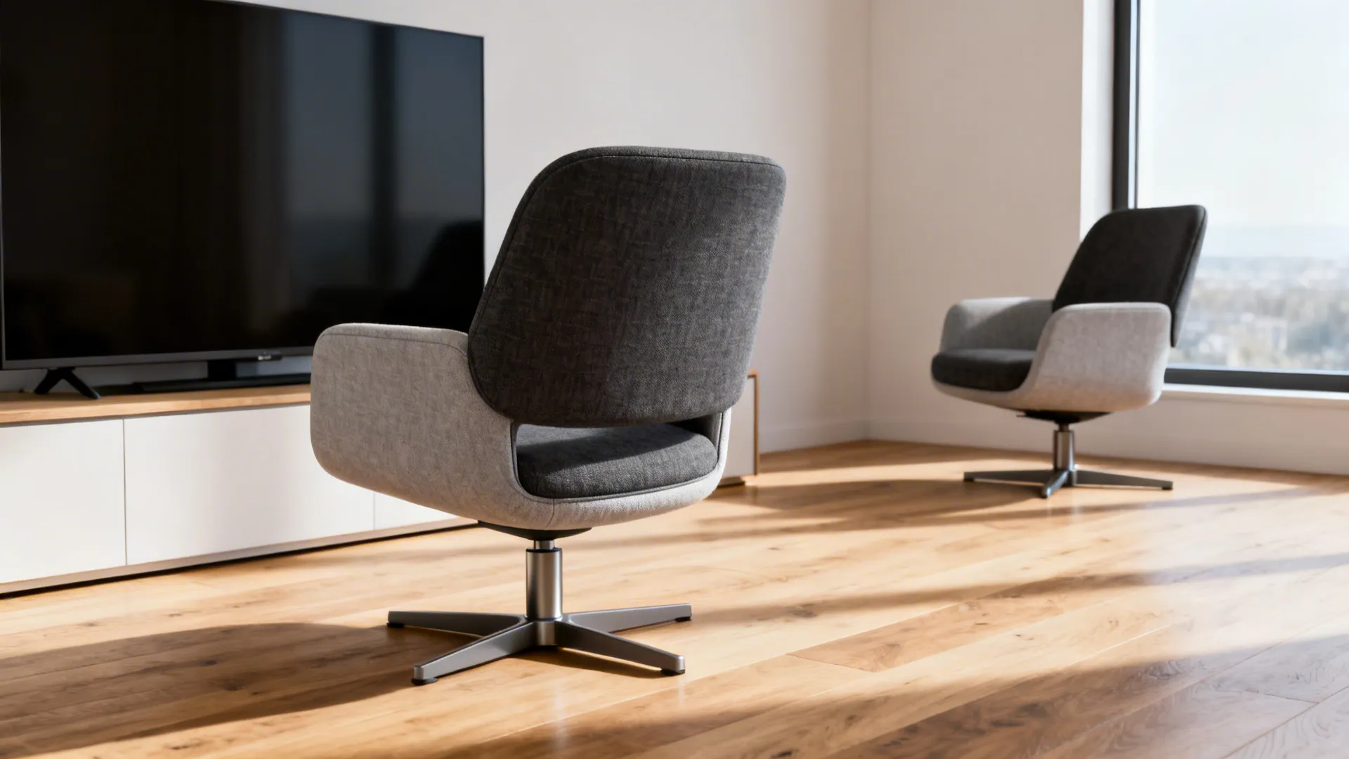 Compact low-back swivel grey chair in a small living room showing flexible orientation.