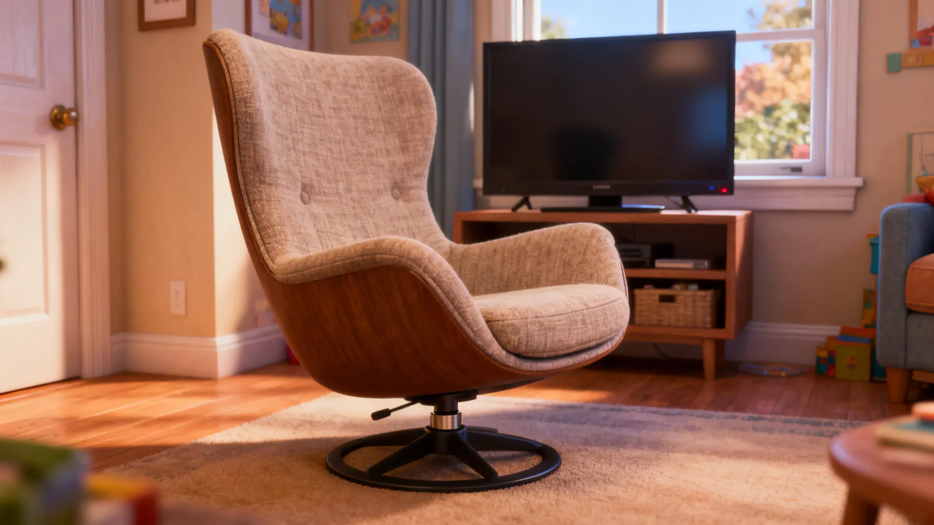 Compact swivel chair placed between a TV and window, showing a durable fabric and swivel base