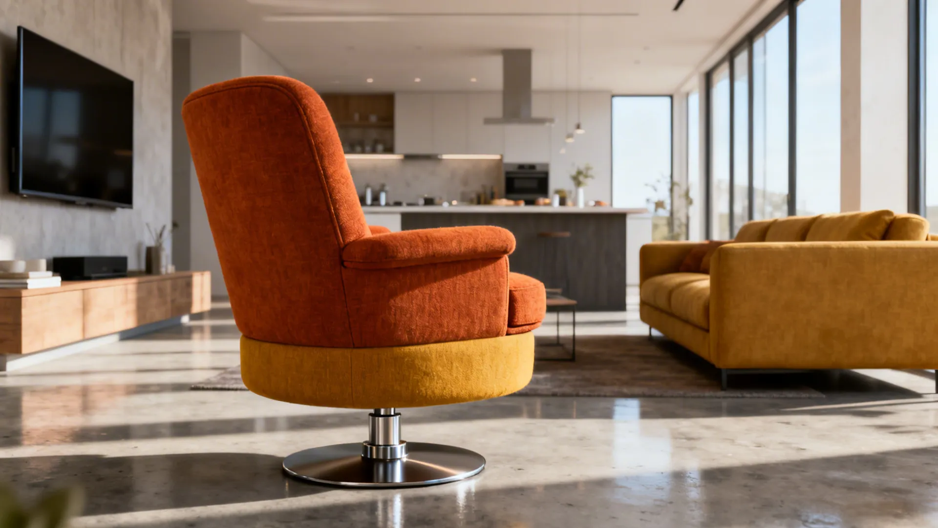 Compact swivel accent chair positioned for conversation in a small living-kitchen transition