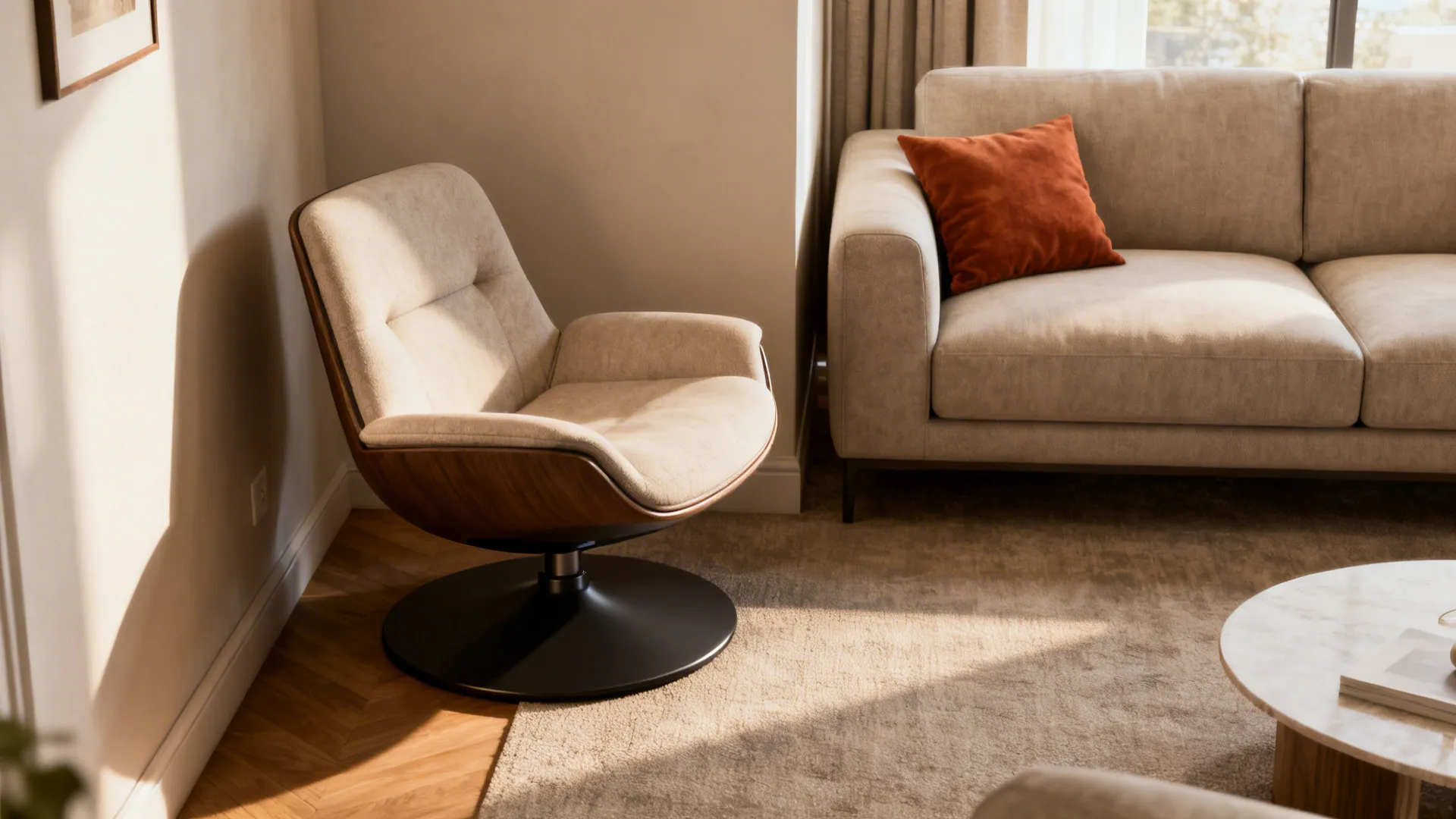 Modern living room corner with a swivel chair next to a large sofa and rug