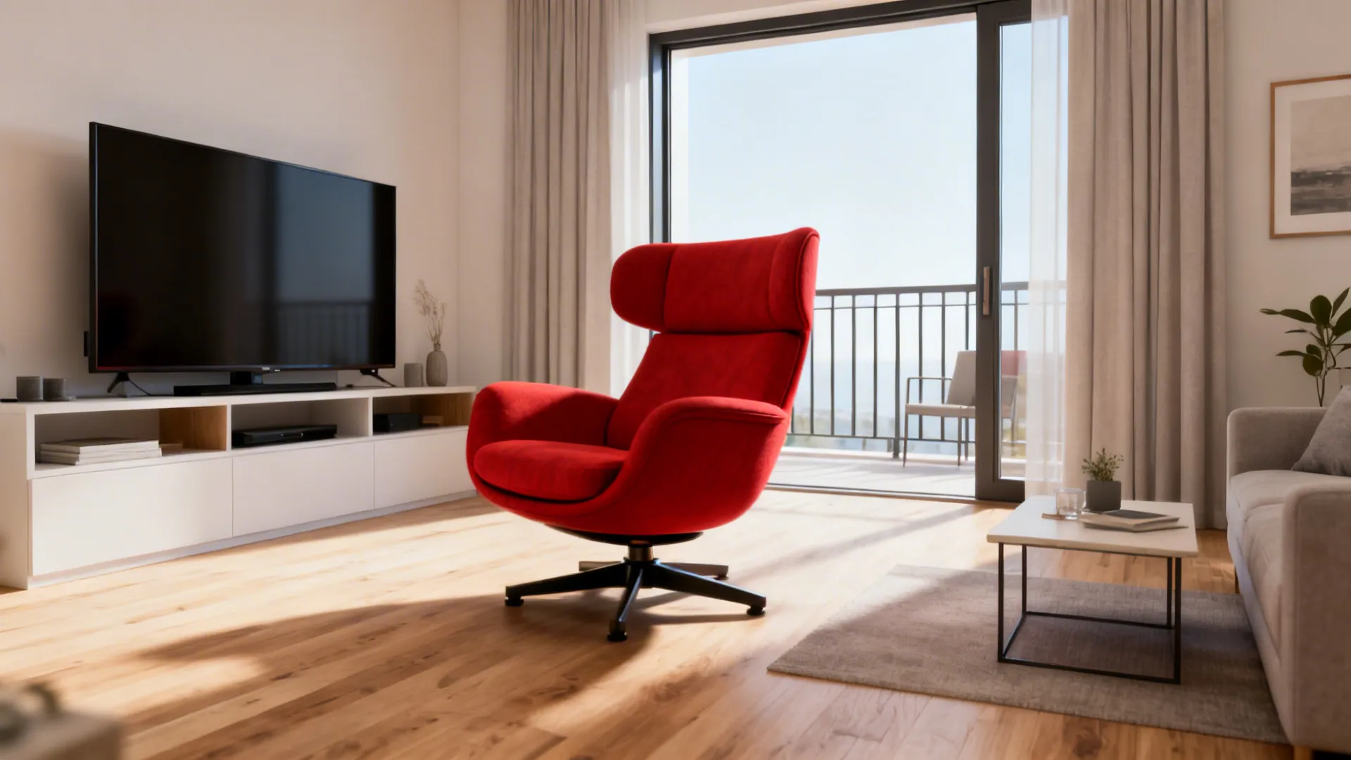 Compact red swivel chair in a condo between TV and balcony, showing flexible layout
