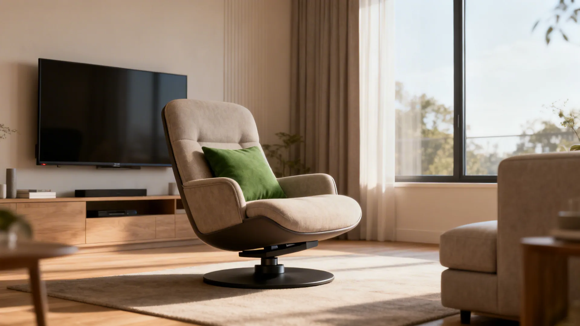 Compact swivel chair in an open-plan small living room showing rotation utility and stable base.