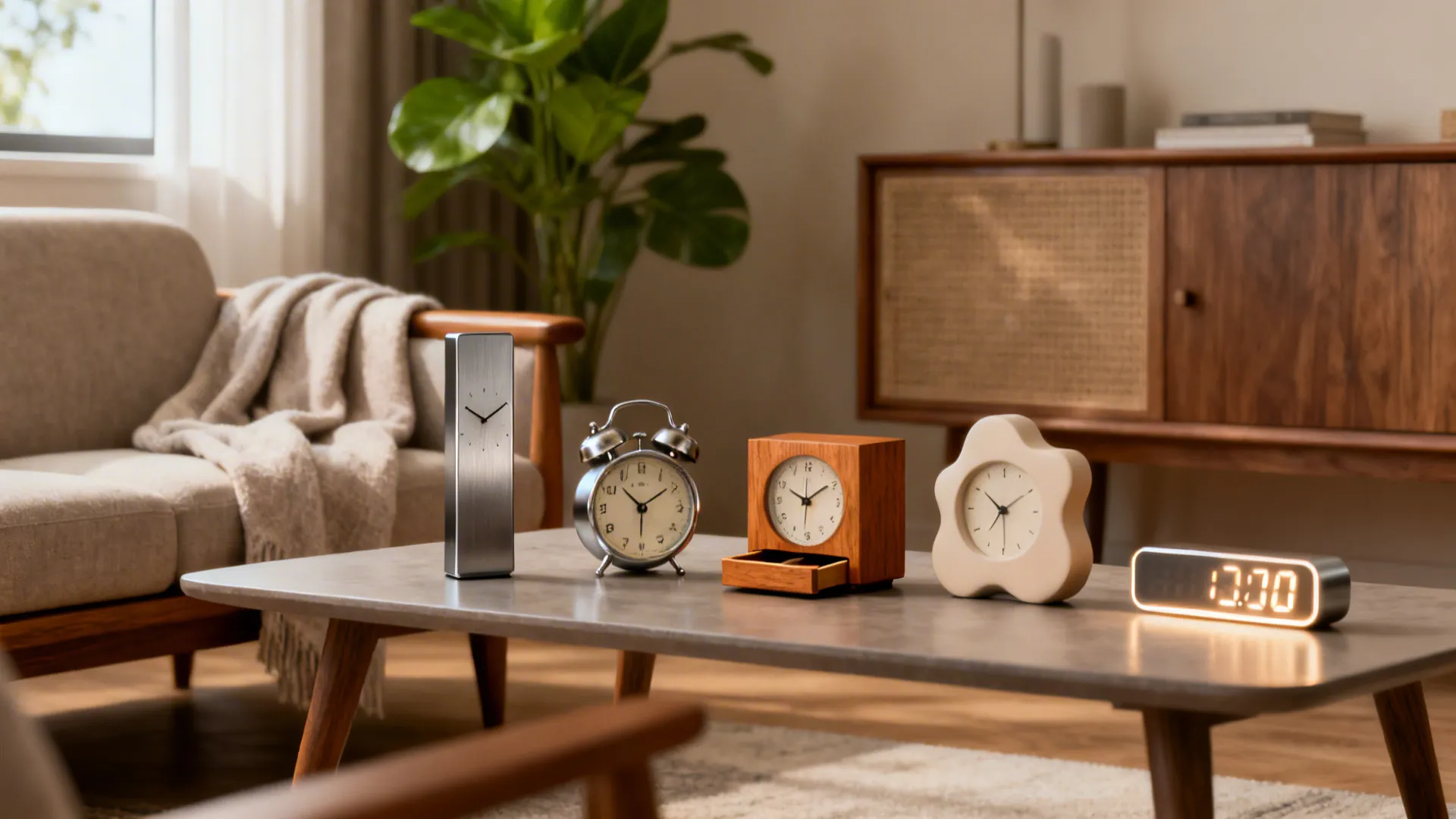 Five different styles of desk clocks displayed on a grey coffee table in a modern living