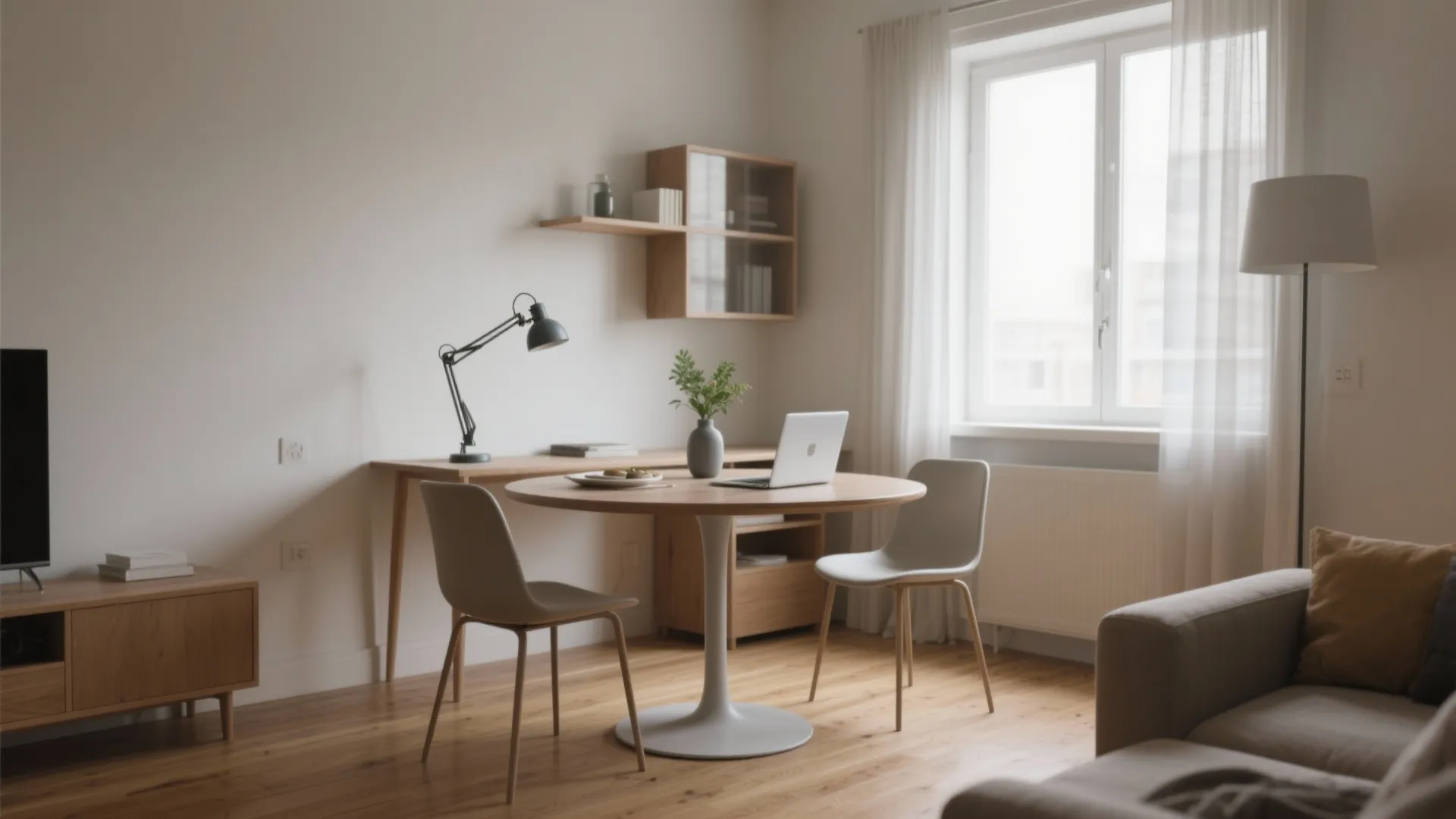 Modern home office area with wooden furniture including round table two chairs and laptop computer