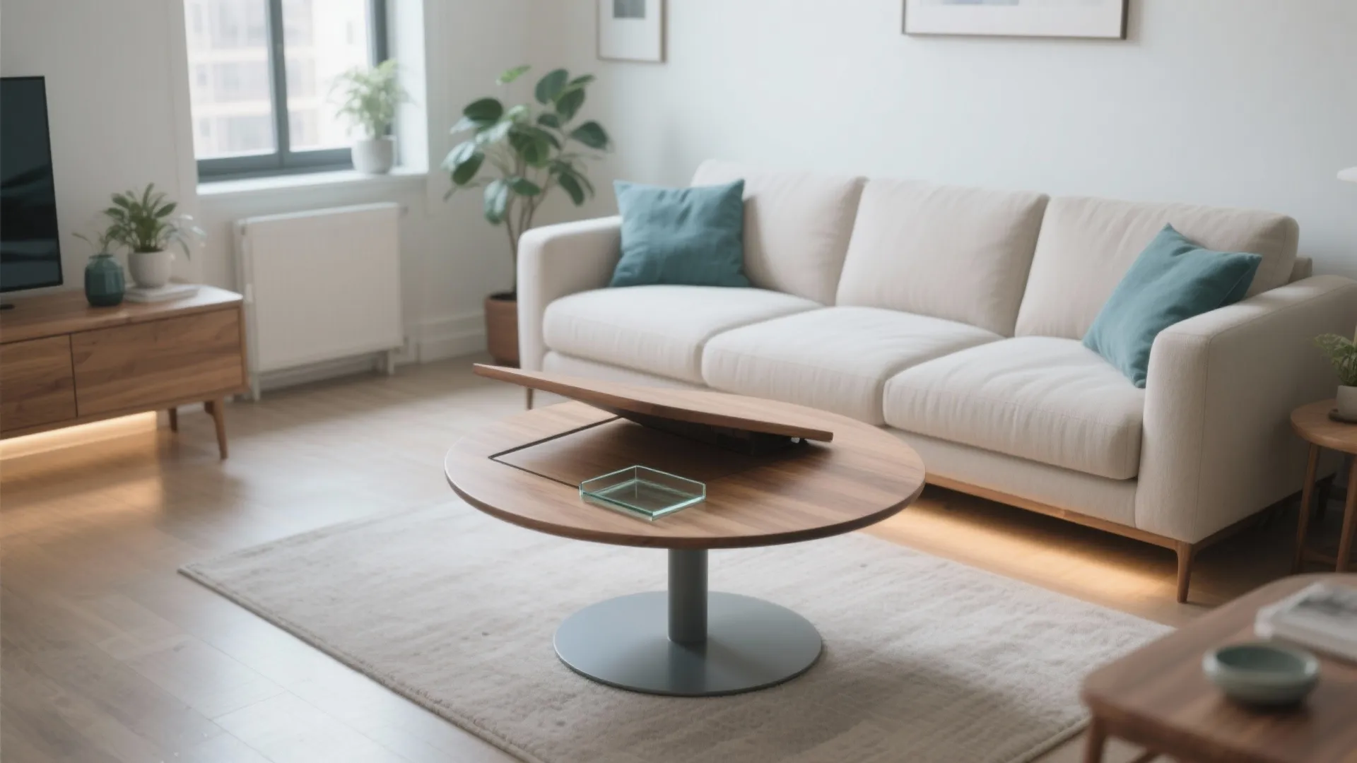 Modern bright living room featuring white sofa with teal pillows and wooden round coffee table