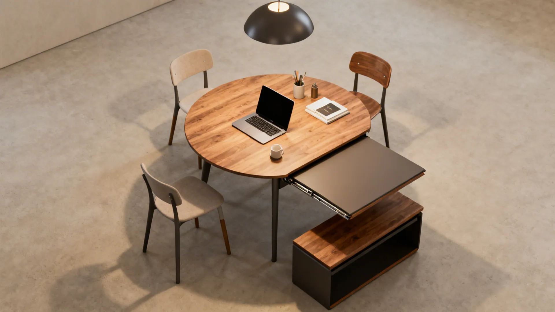 2. Choose a compact dining table that doubles as a workspace