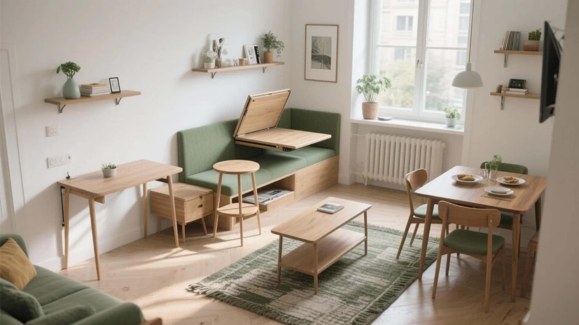 Modern apartment living room with green sofa wooden dining table folding desk and bright natural light
