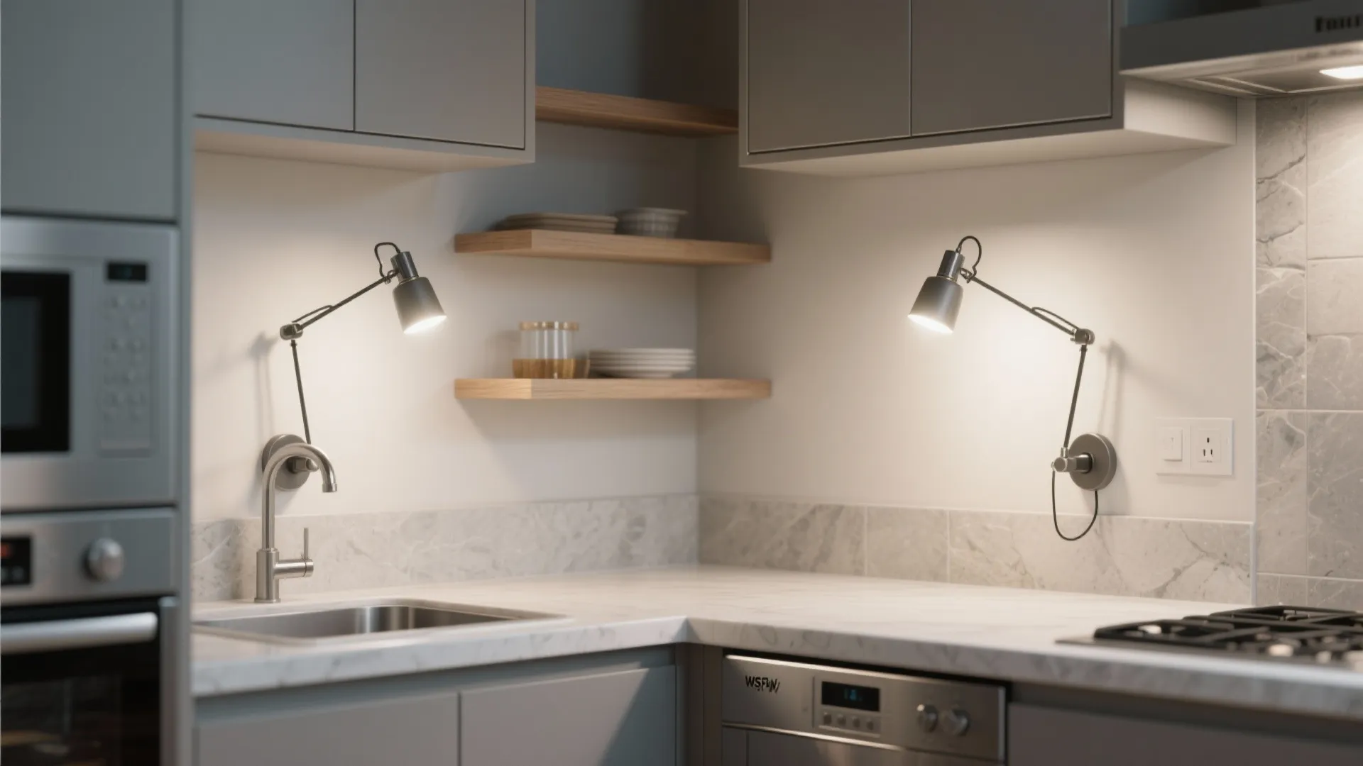 Compact task sconces near prep zones