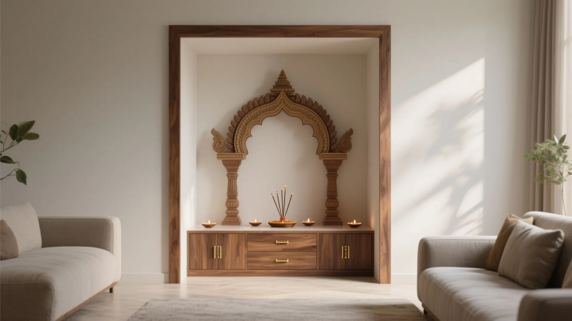 Modern living room featuring a wooden wall arch with small candles above a storage cabinet