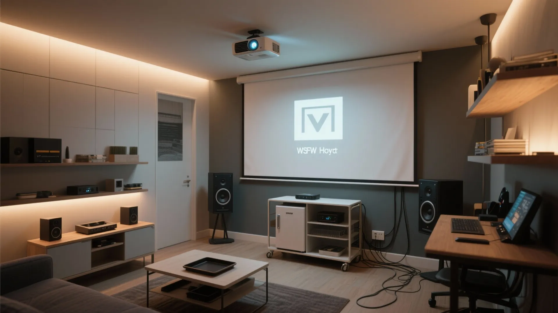 Compact tech hub with a short-throw projector, rolling cart mini-fridge and organized cables in a small rec room.