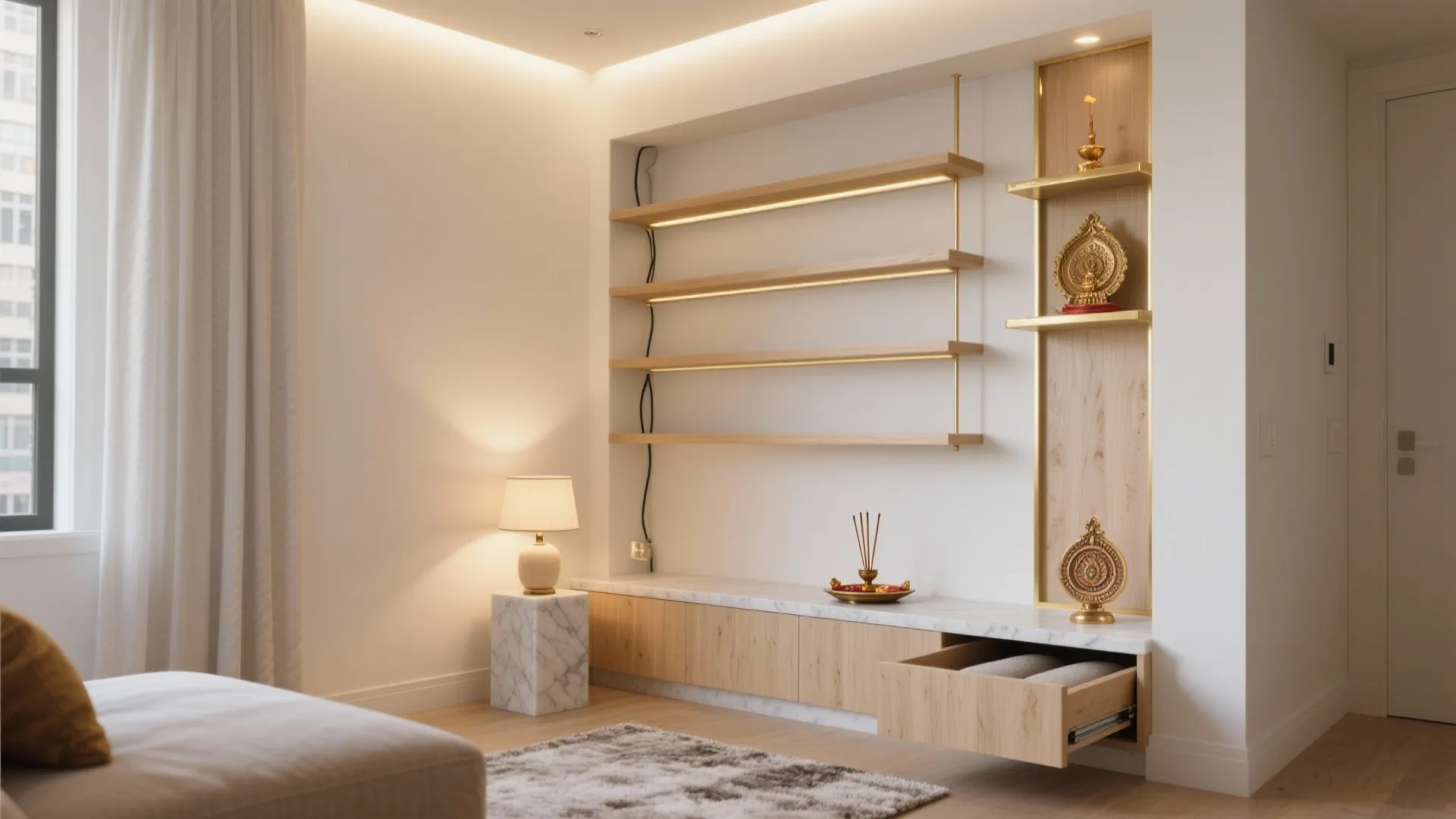 Modern interior design drawing featuring wooden shelves and cabinet with warm light and marble details