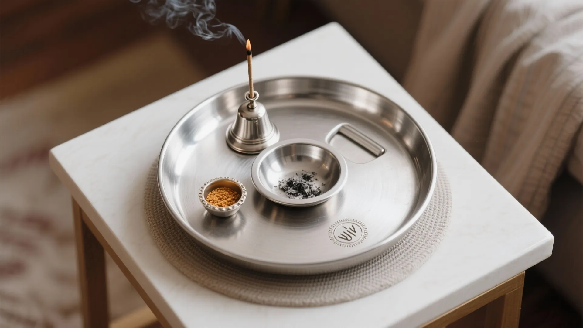 4) Compact Thali-Plus: Integrated Incense Stand and Bell Hook