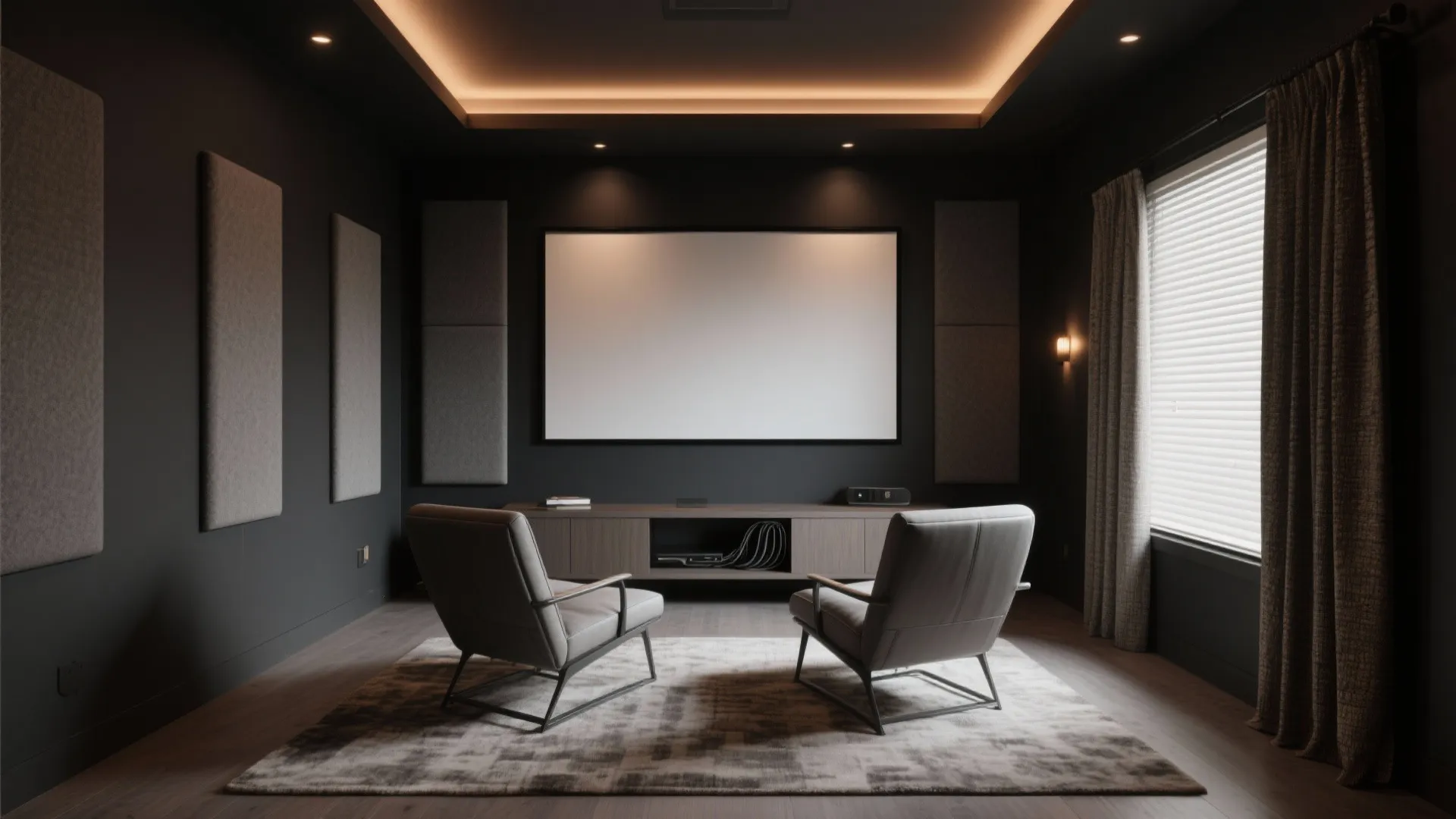 Modern home theater room featuring grey armchairs, large movie screen, dark walls, and ceiling light