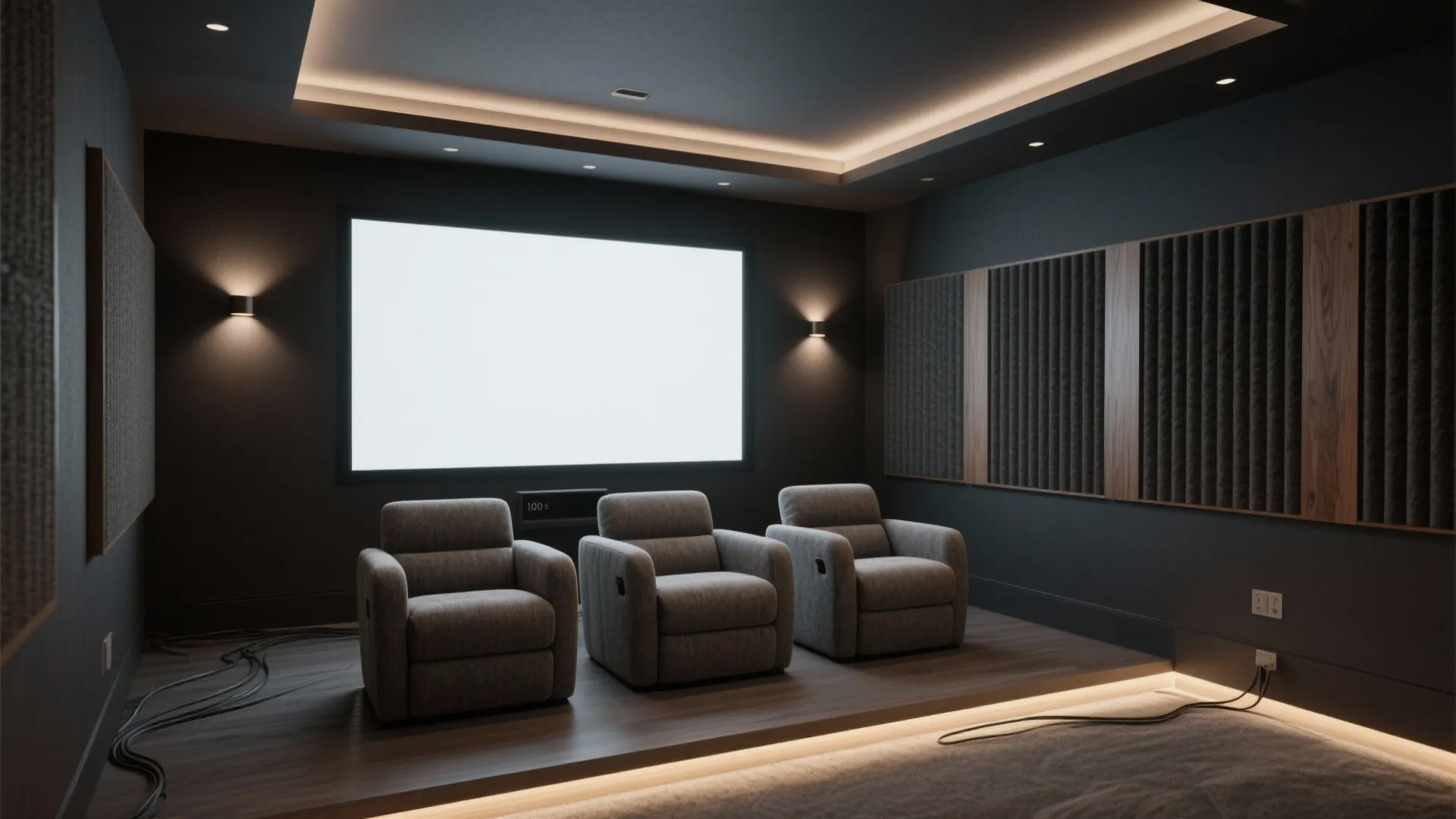 Modern home theater room featuring three grey chairs a large screen and dark wall panels