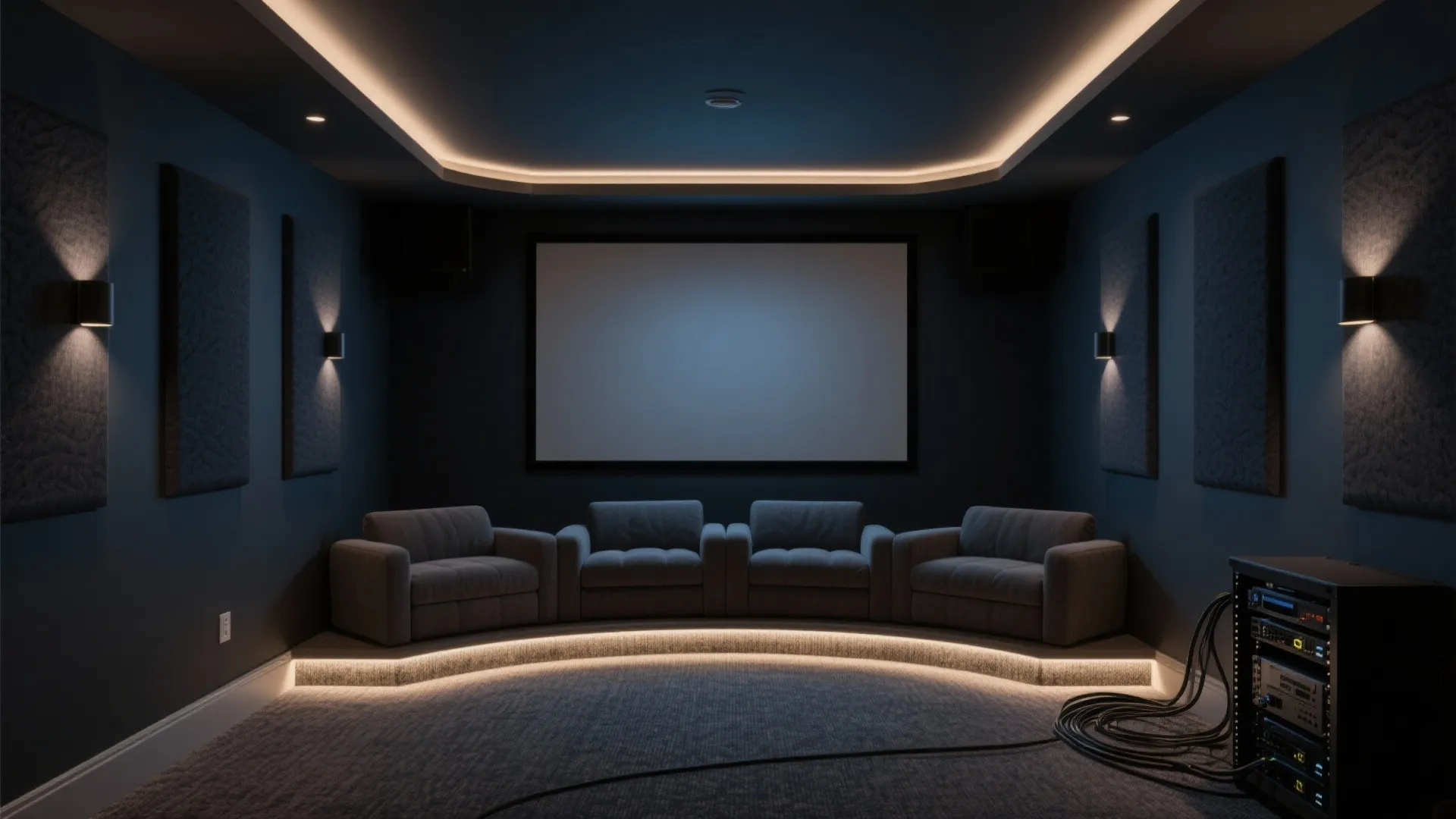 Modern home theater with four grey sofas, large screen, wall lights, and warm ceiling light