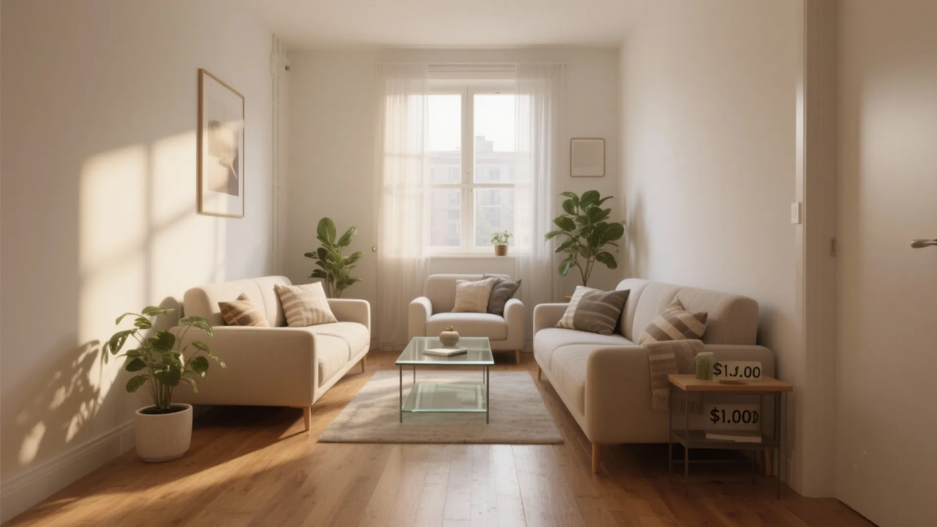 Compact living room layout with three beige sofas arranged around a central glass coffee table