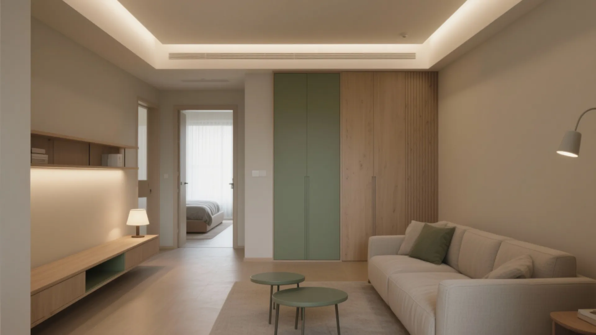 Modern living room with beige sofa green cabinets wooden floor ceiling light and bedroom view