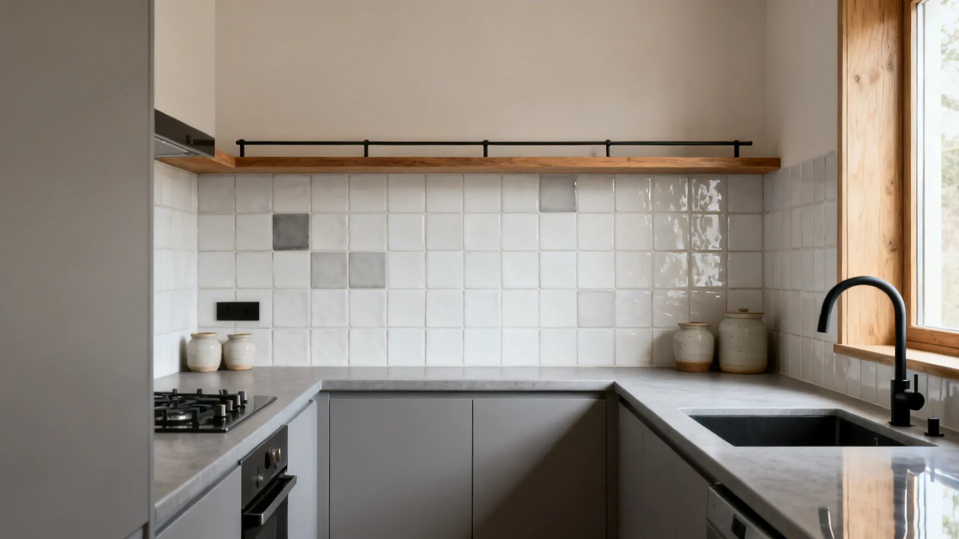 Modern kitchen with white square tiles grey cabinets wooden shelf black sink tap grey stone countertop