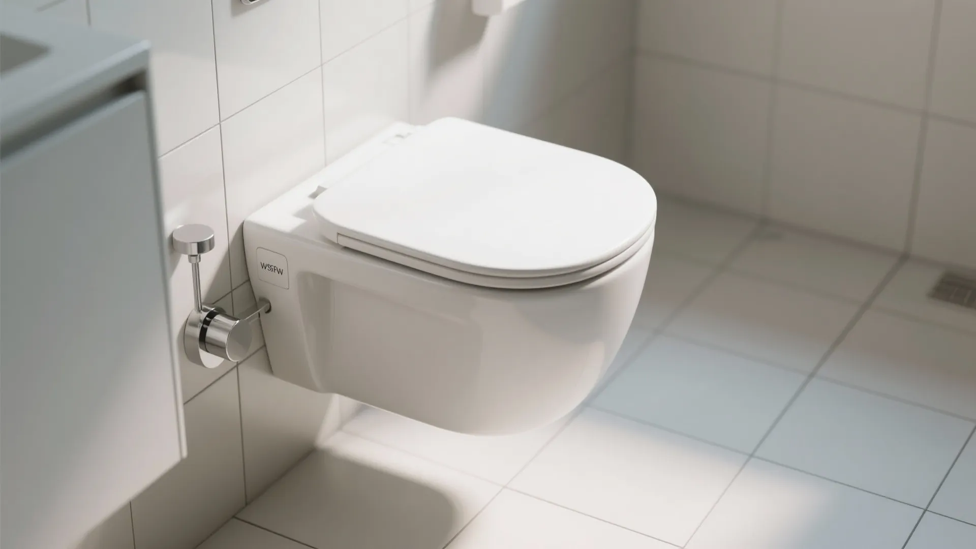 Modern white wall mounted toilet in a clean bathroom with white tiles and natural sunlight
