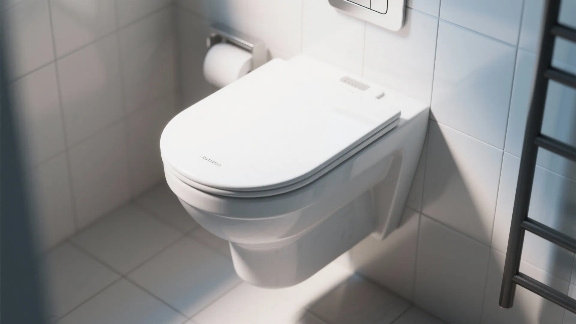 Modern white wall mounted toilet with a closed lid in a bright tiled bathroom interior