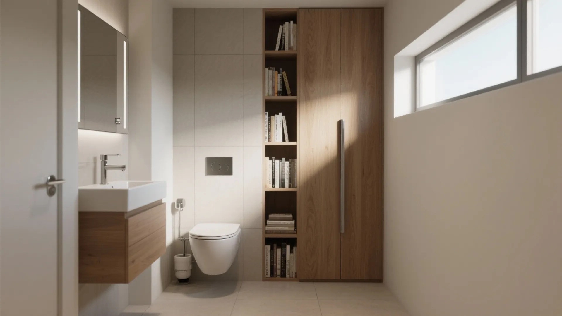 Modern bathroom featuring white toilet and wooden cabinet with sink next to tall bookshelf and window