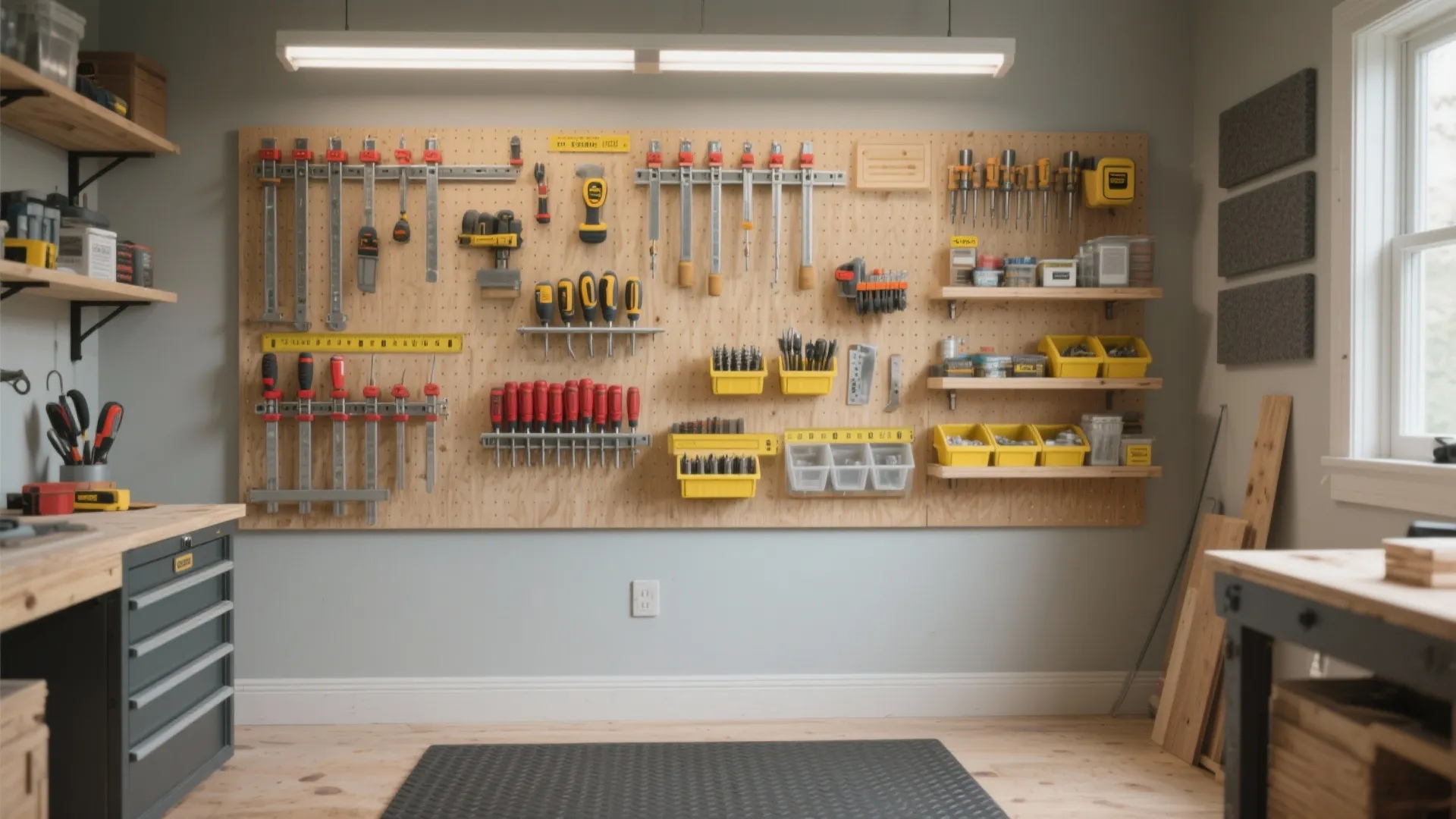 Wood pegboard wall organizer with many hand tools, metal clamps, and several yellow plastic bins.