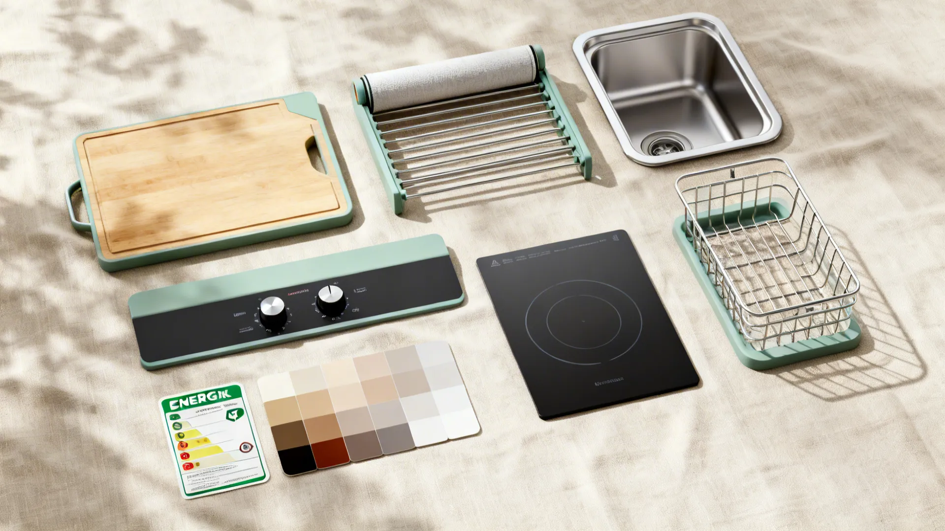 Flatlay with over-sink board, roll-up rack, appliance details, and warm neutral palette chips.