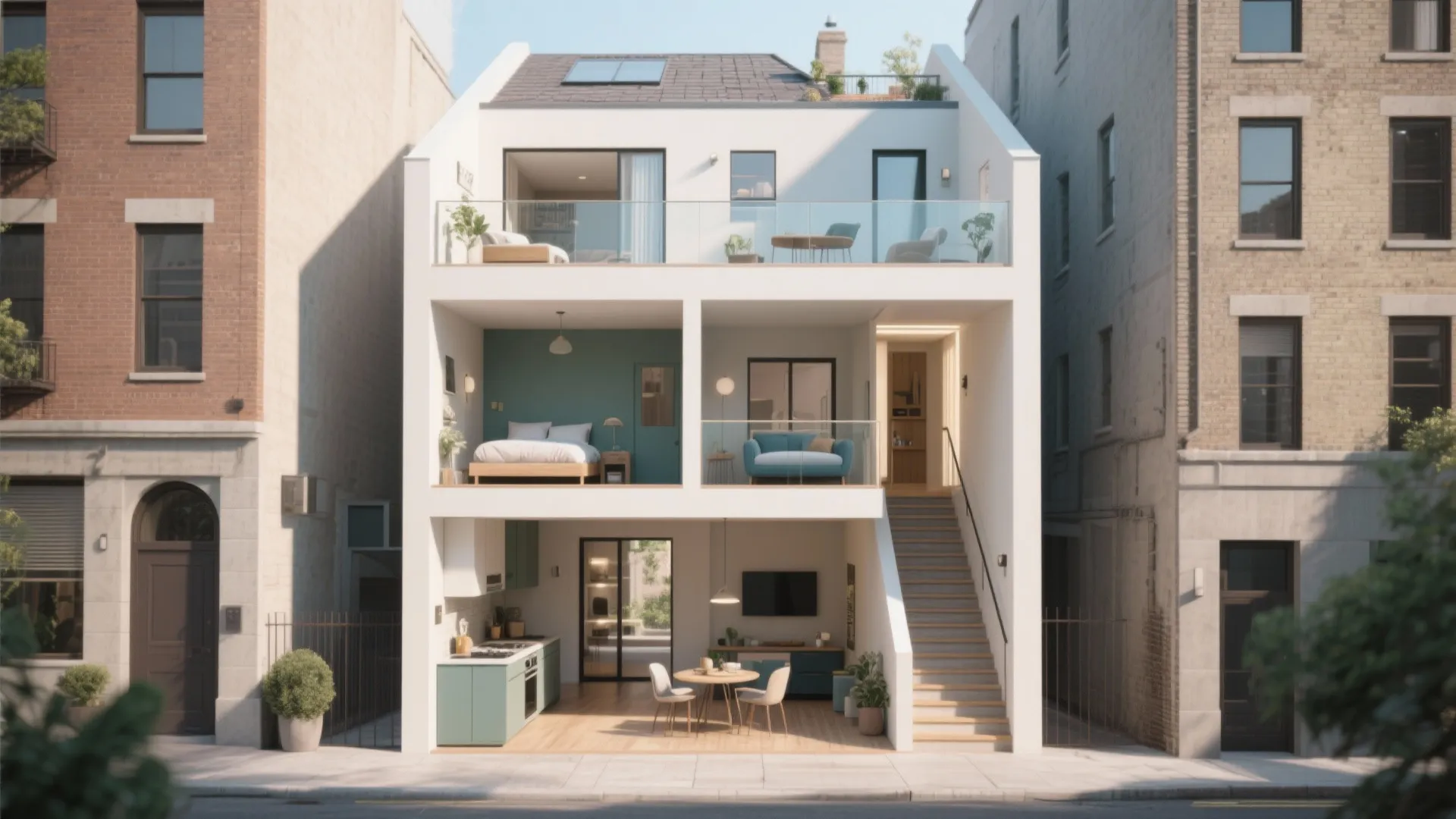 Three story townhouse interior design drawing showing kitchen dining room bedroom living room and top balcony