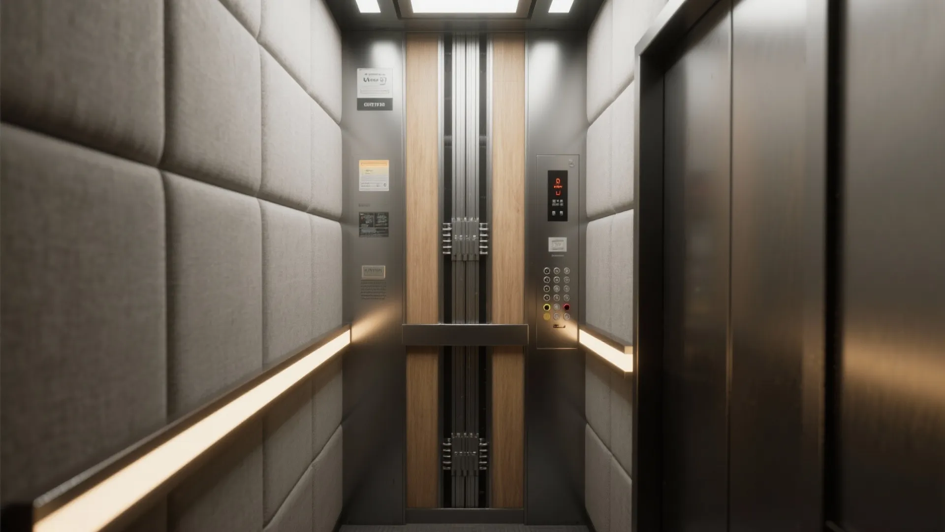 Compact traction home elevator cab in a tight shaft with brushed metal controls and warm cabin lighting.