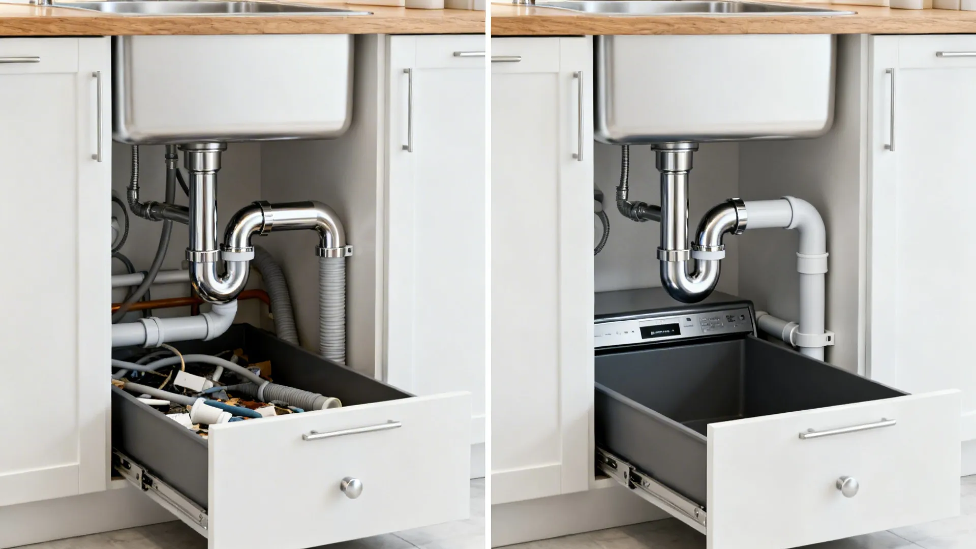 Under-sink before-and-after showing low-profile trap and offset tailpiece enabling a deep drawer.
